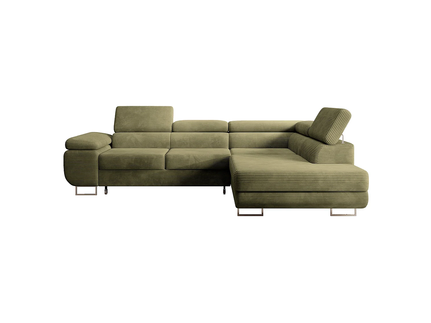 Canapé d’angle avec fonction couchage – angle droit – Vert olive – Velours côtelé