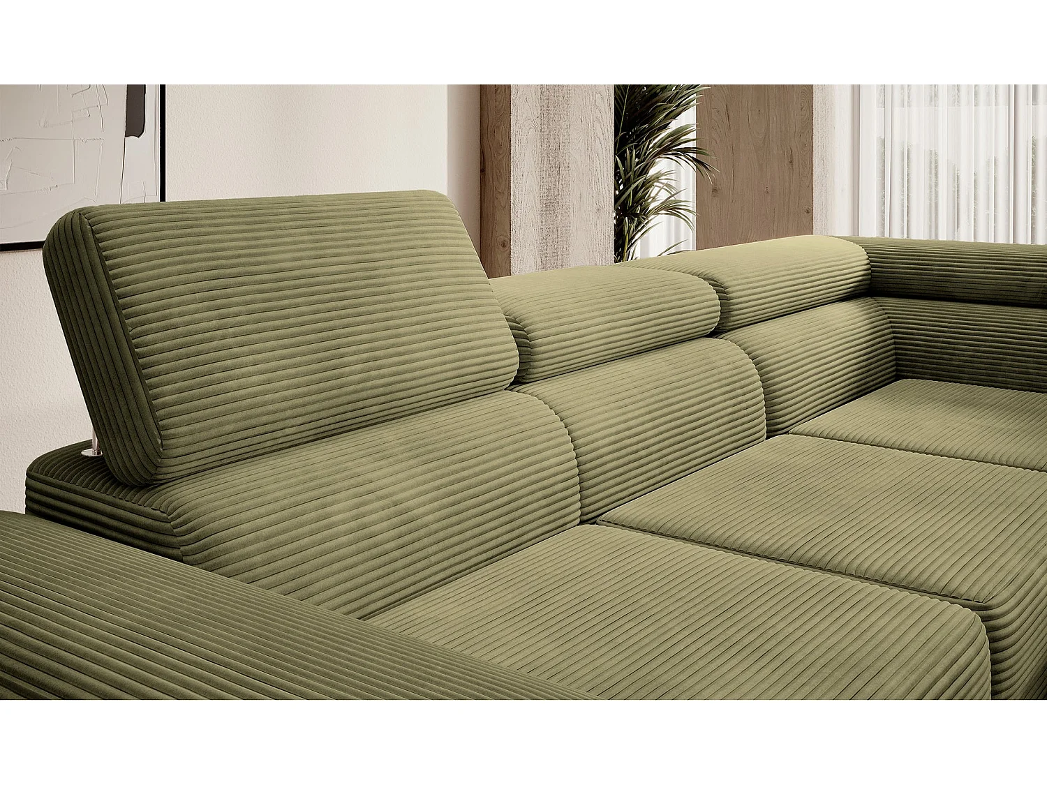 Canapé d’angle avec fonction couchage – angle droit – Vert olive – Velours côtelé