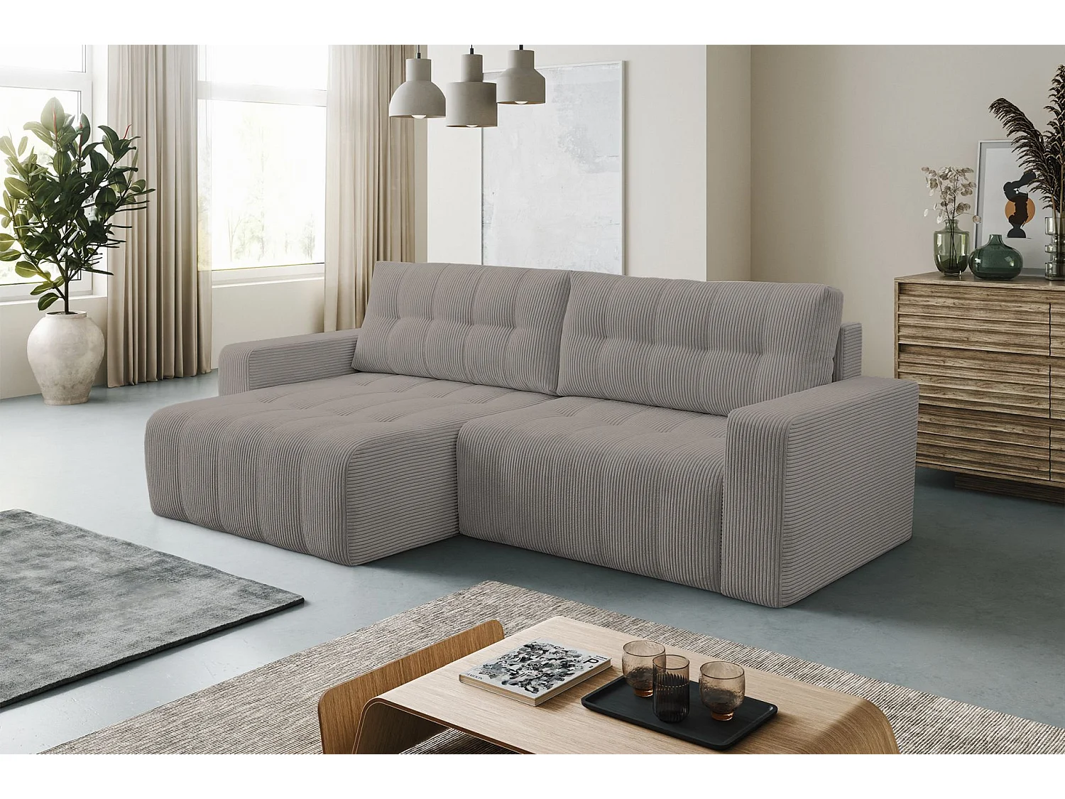 Canapé d'angle convertible avec coffre – Velours côtelé – Universel – Beige – MAILLO