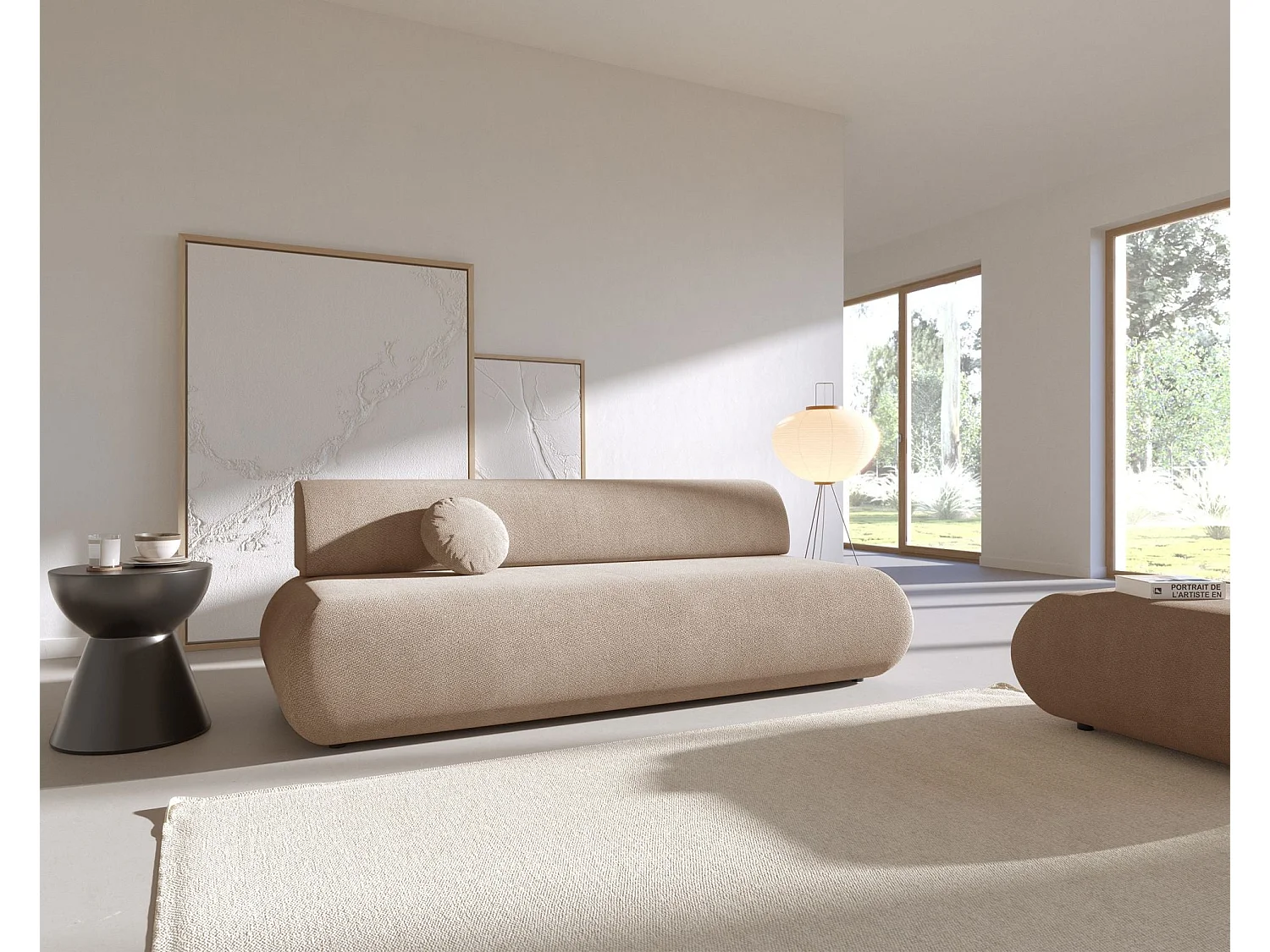 Canapé convertible 3 places en tissu chenille beige ARMONE