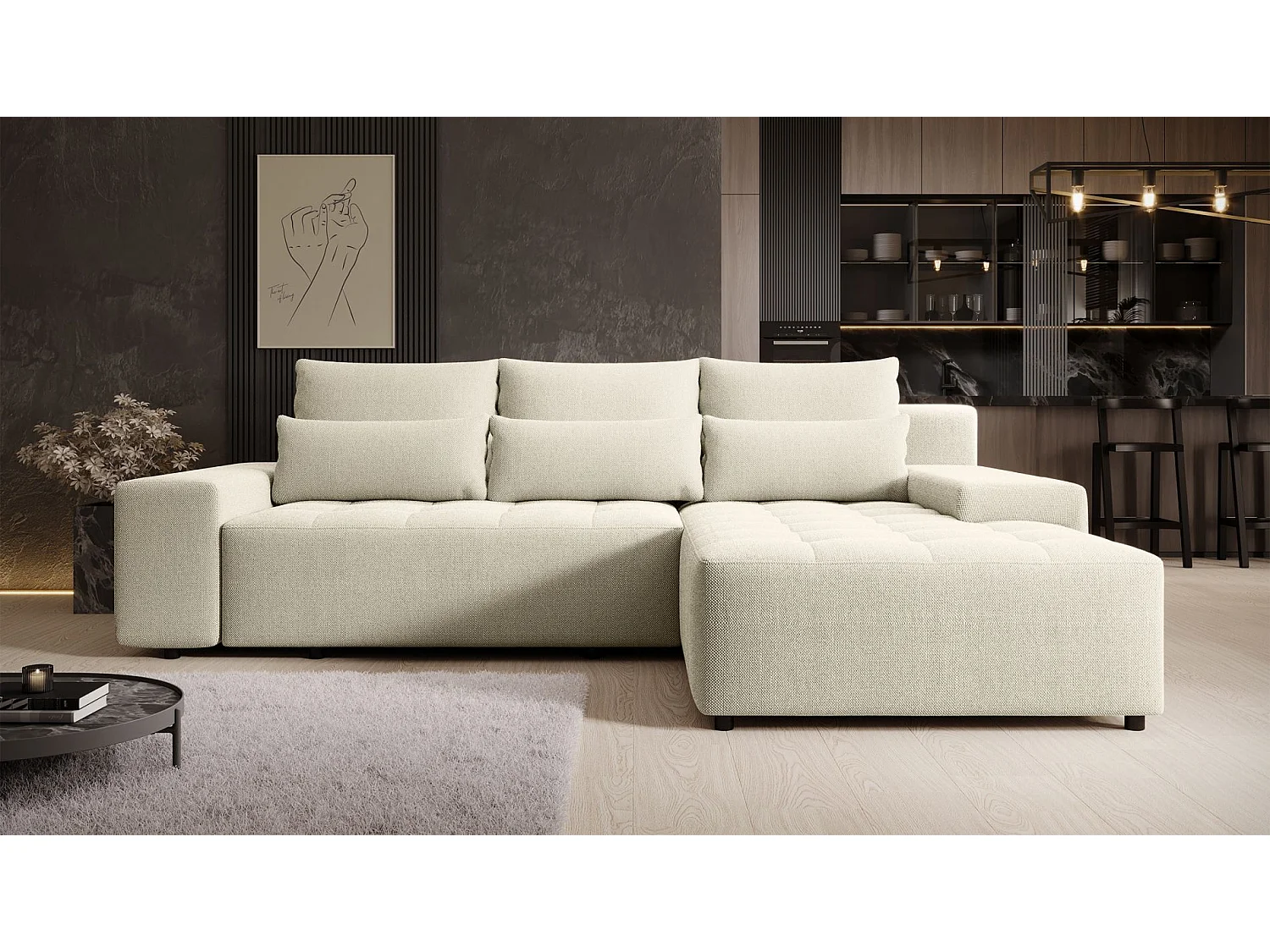 Ecksofa mit Schlaffunktion & Bettkasten – Chenille wasserabweisend – Universal – Hellbeige – NELURO
