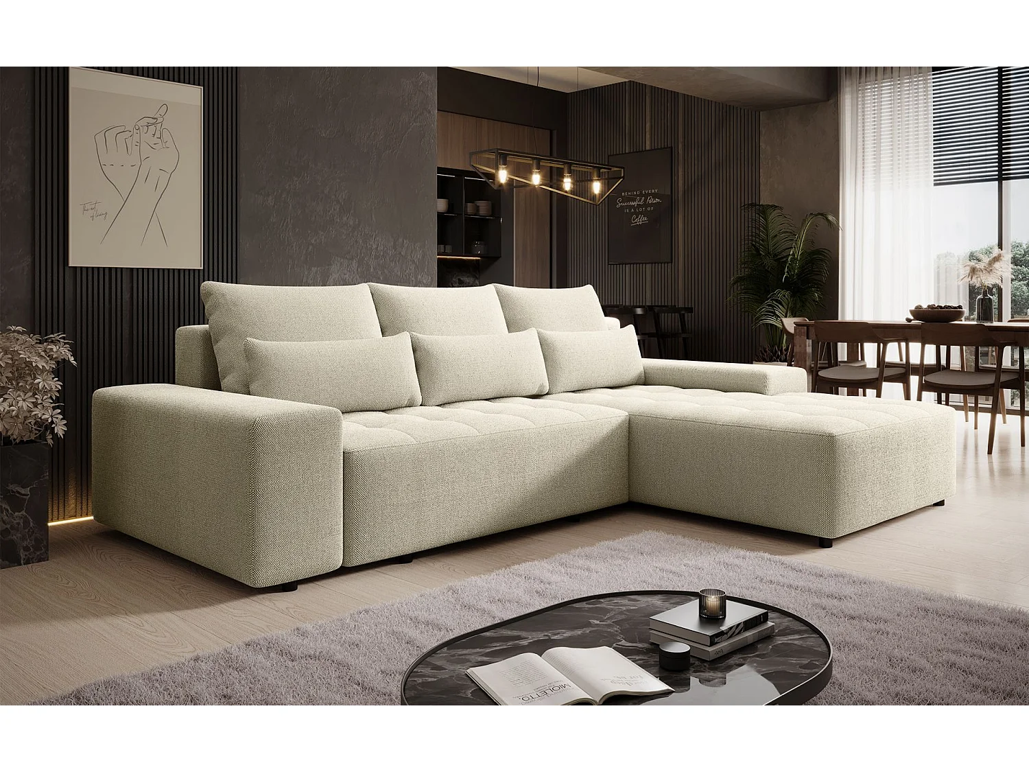 Ecksofa mit Schlaffunktion & Bettkasten – Chenille wasserabweisend – Universal – Hellbeige – NELURO