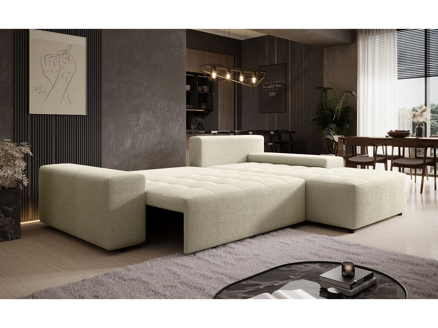 Ecksofa mit Schlaffunktion & Bettkasten – Chenille wasserabweisend – Universal – Hellbeige – NELURO
