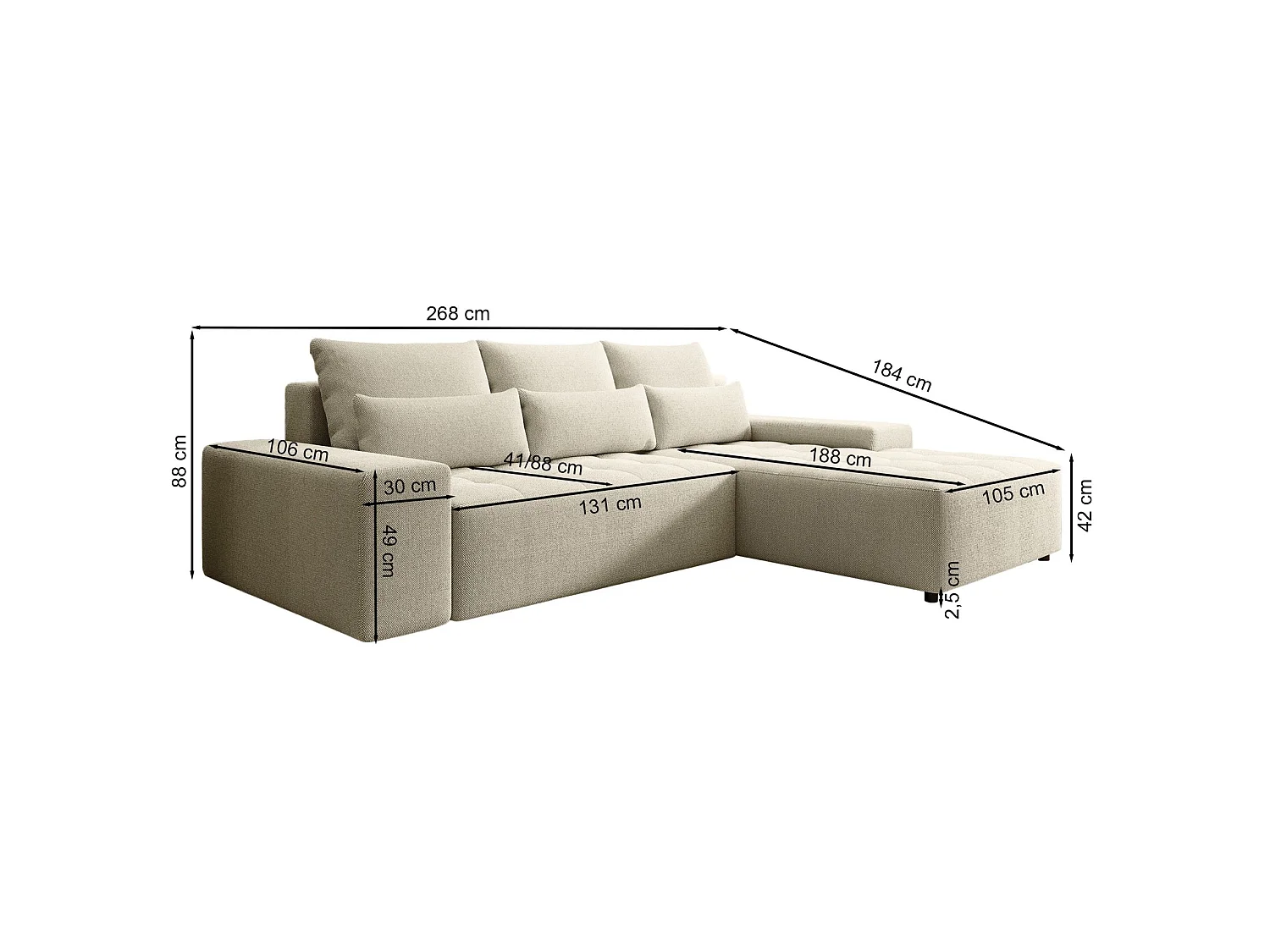 Ecksofa mit Schlaffunktion & Bettkasten – Chenille wasserabweisend – Universal – Hellbeige – NELURO