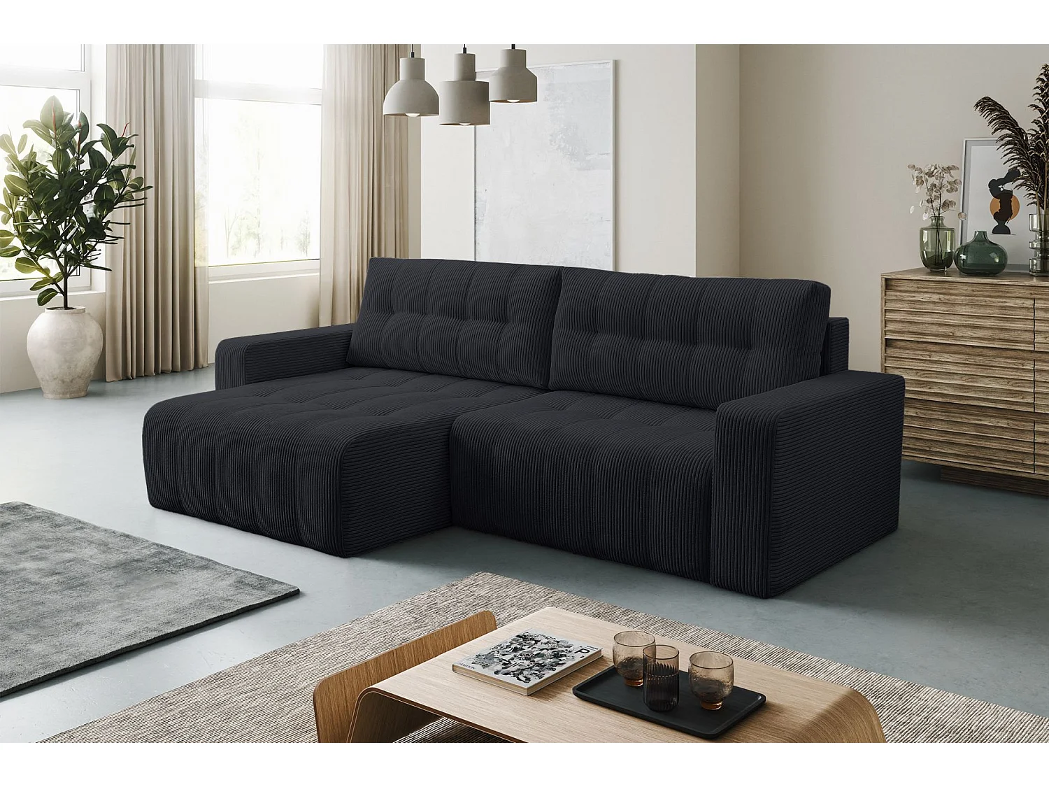 Ecksofa mit Schlaffunktion & Bettkasten – Cord – Universal – Dunkelgrau – MAILLO