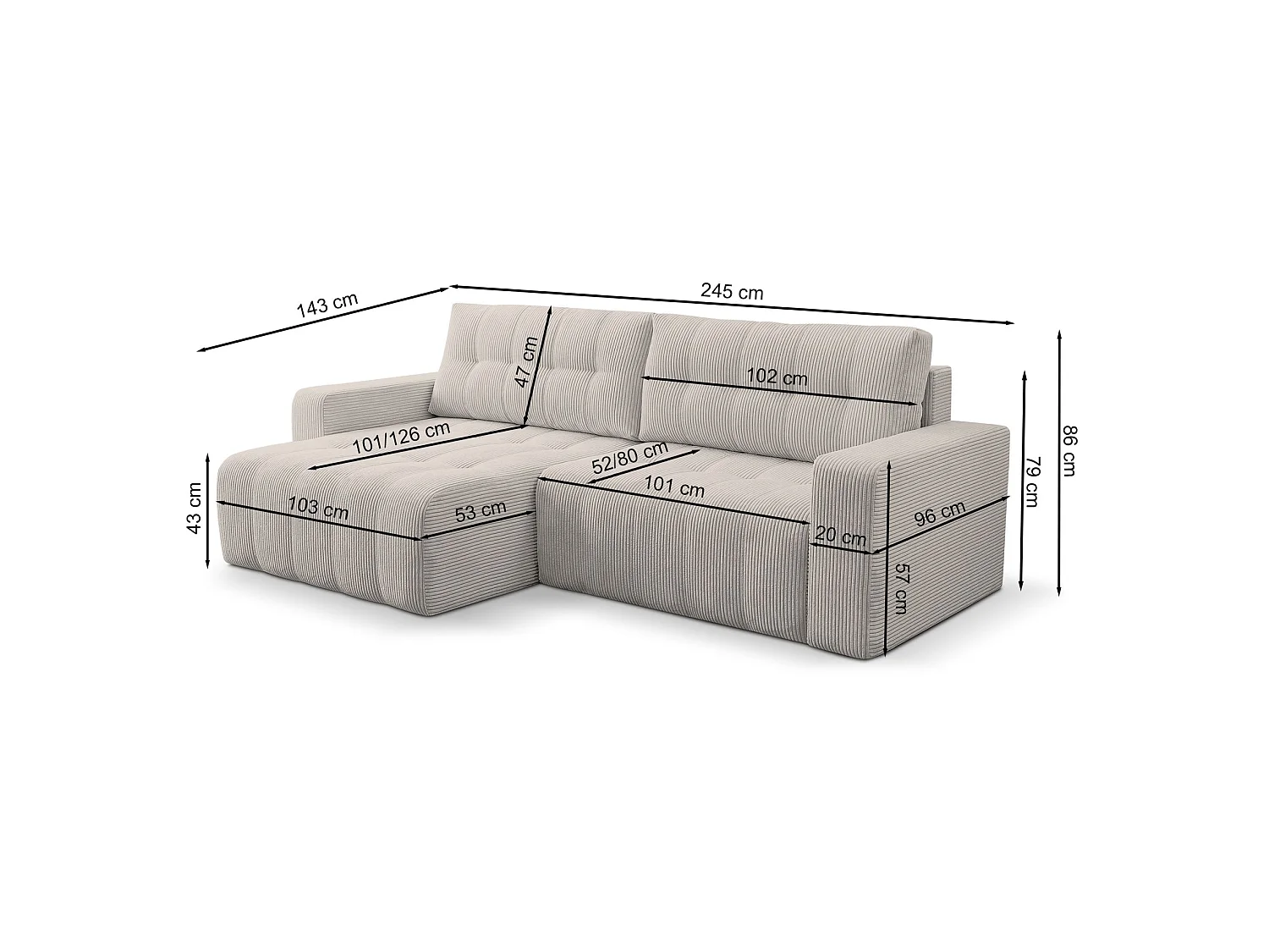 Ecksofa mit Schlaffunktion & Bettkasten – Cord – Universal – Dunkelgrau – MAILLO