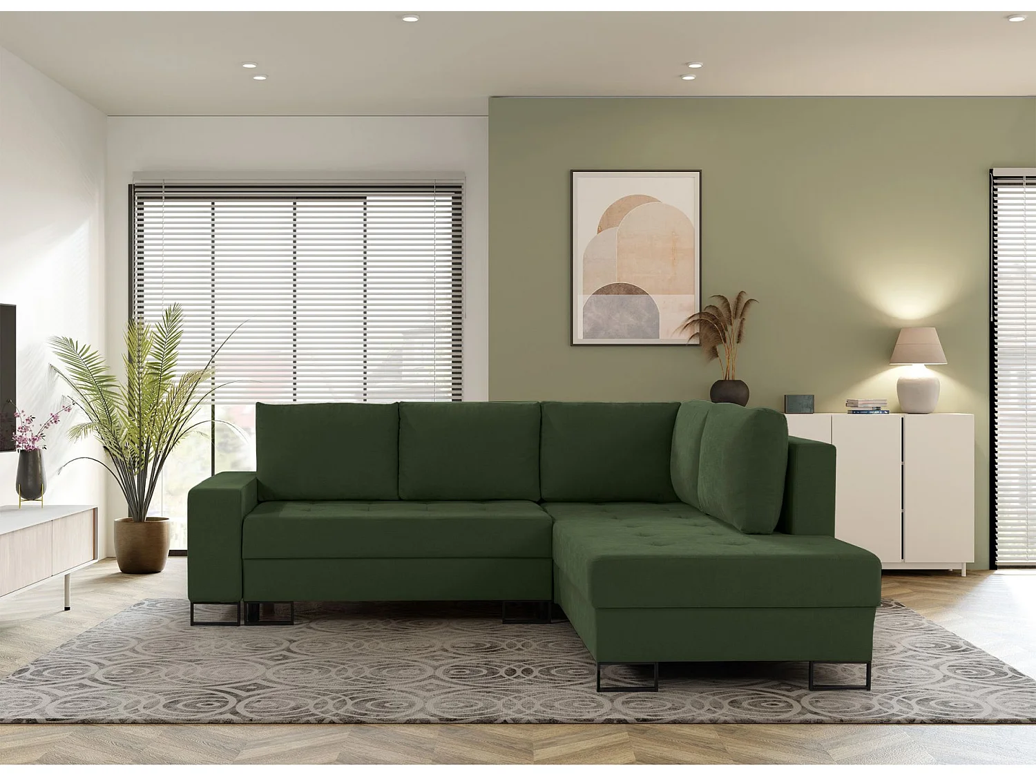 Ecksofa mit Schlaffunktion & Bettkasten – Chenille – Ottomane rechts – Grün – LARELLE