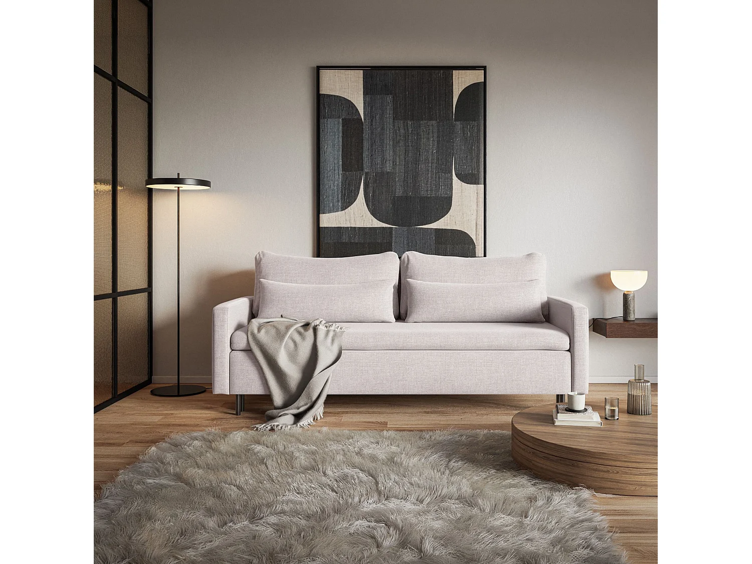 Canapé 3 places convertible avec coffre – Chenille – Beige clair – UMPRO