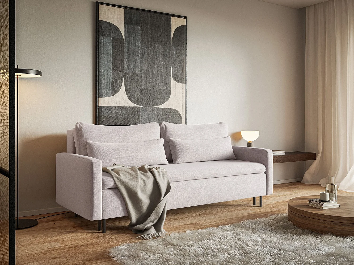 Canapé convertible 3 places avec coffre en tissu chenille beige UMPRO