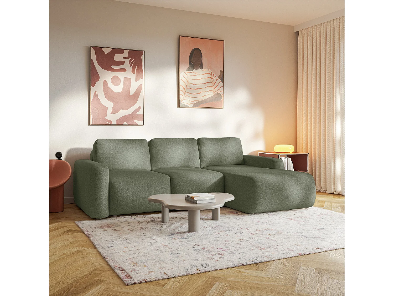 Canapé d'angle convertible – Angle à droite – Chenille facile d'entretien – Vert olive – CARNOS MINI