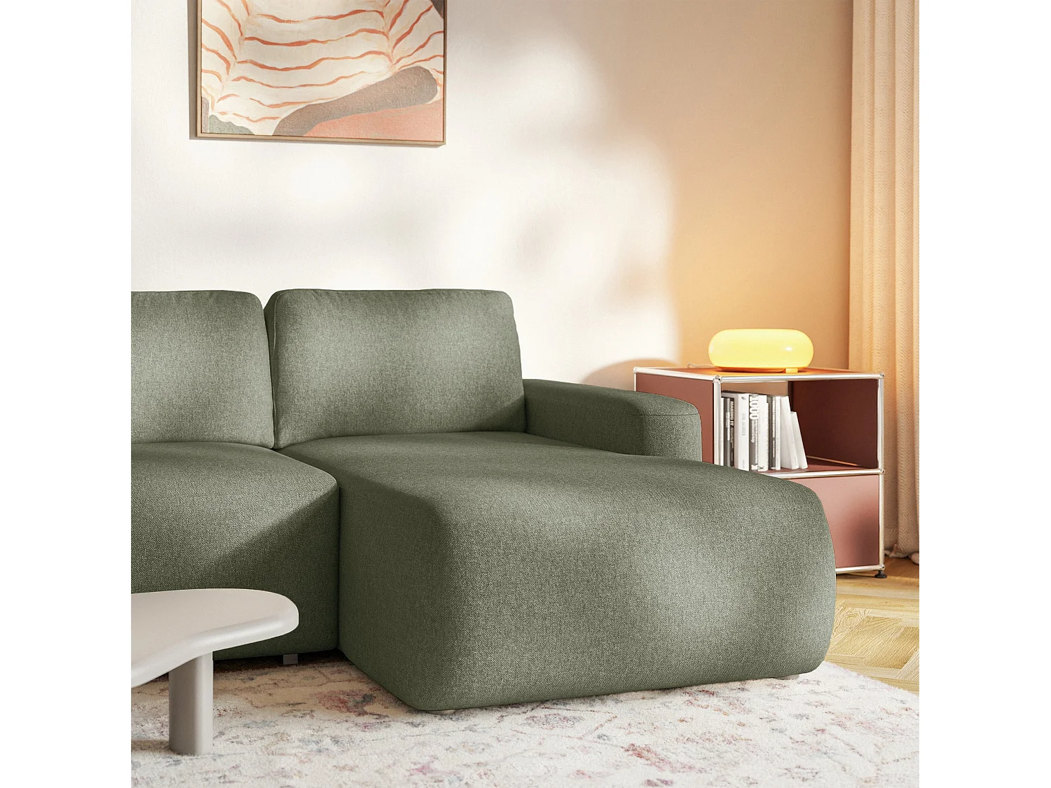 Canapé d'angle convertible – Angle à droite – Chenille facile d'entretien – Vert olive – CARNOS MINI