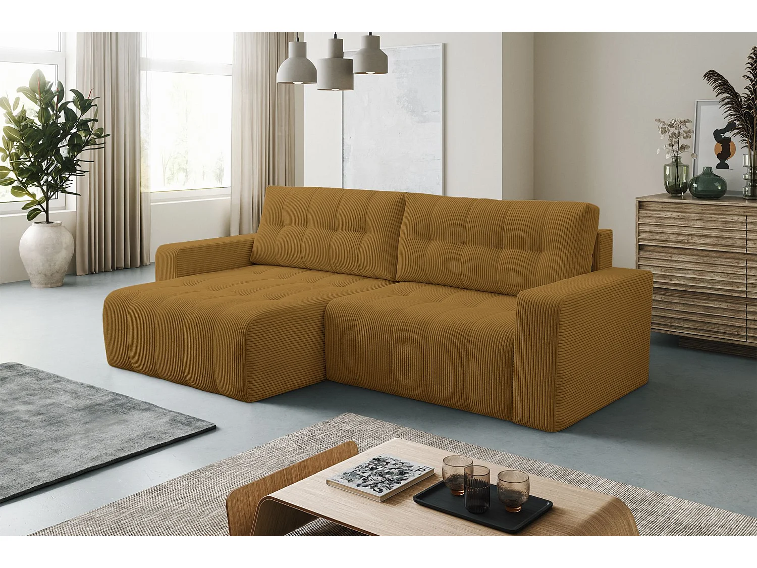 Ecksofa mit Schlaffunktion & Bettkasten – Cord – Universal – Senfgelb – MAILLO