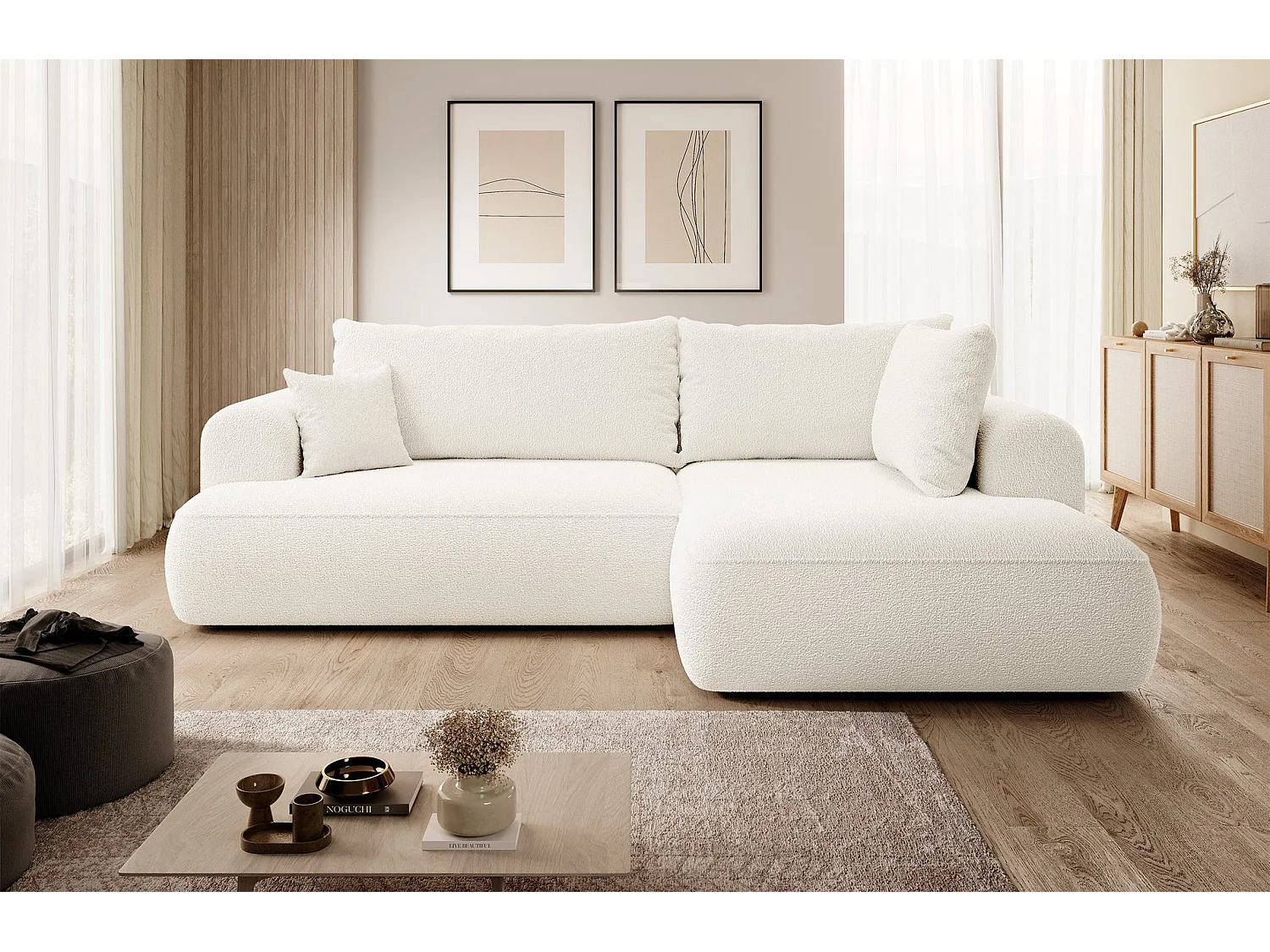 Canapé d’angle avec fonction couchage – angle droit – Crème – Bouclée – OVO