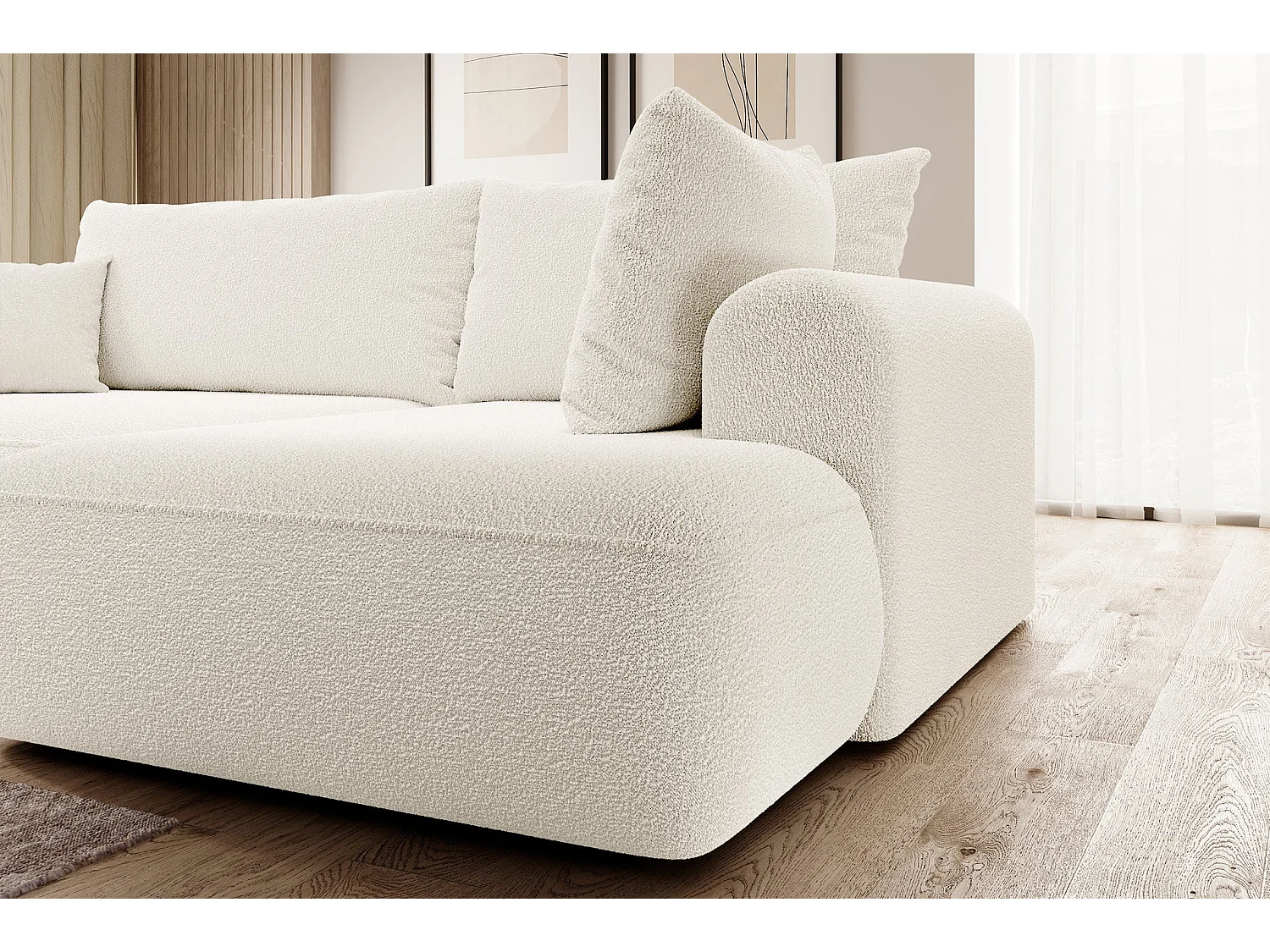 Canapé d’angle avec fonction couchage – angle droit – Crème – Bouclée – OVO