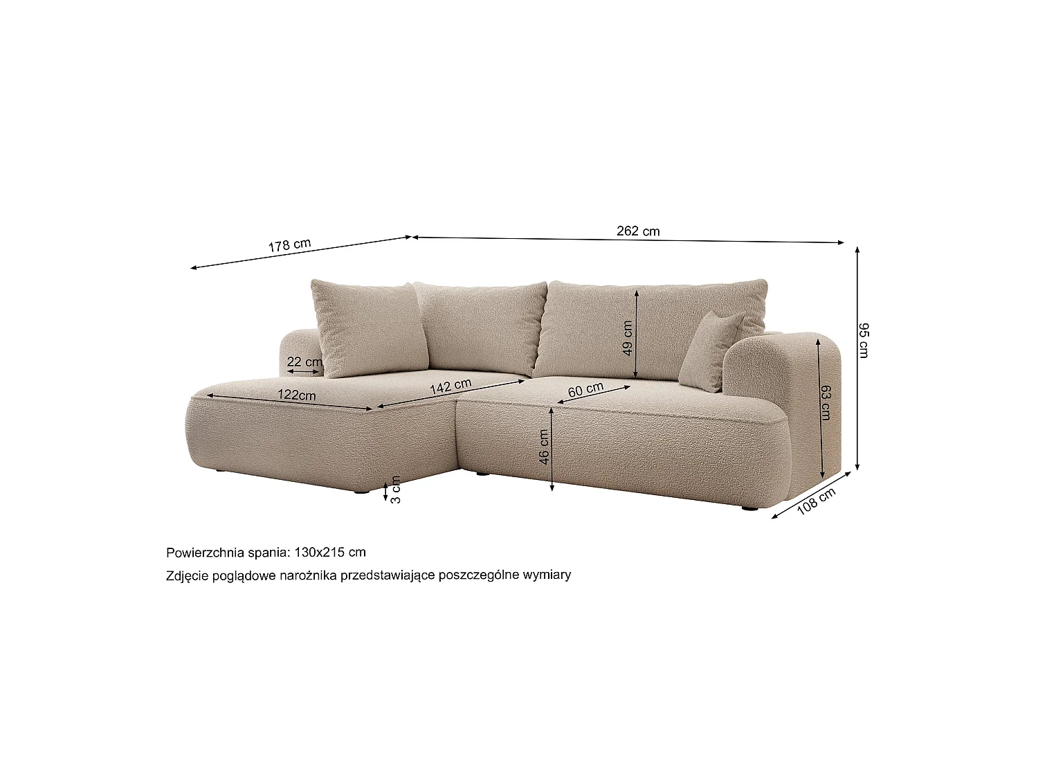 Canapé d’angle avec fonction couchage – angle droit – Crème – Bouclée – OVO