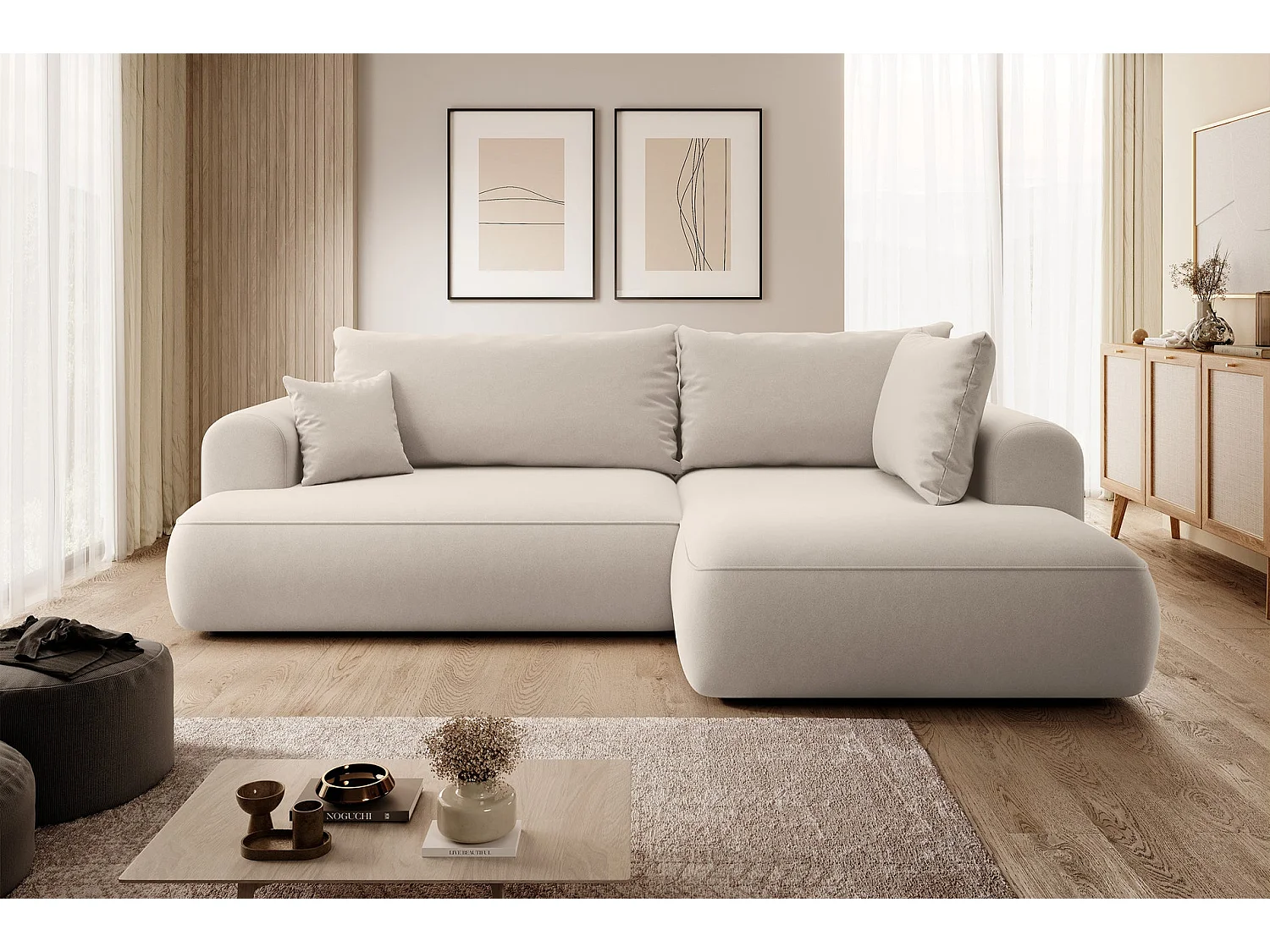 Canapé d’angle avec fonction couchage – angle droit – Beige clair – Velours – OVO