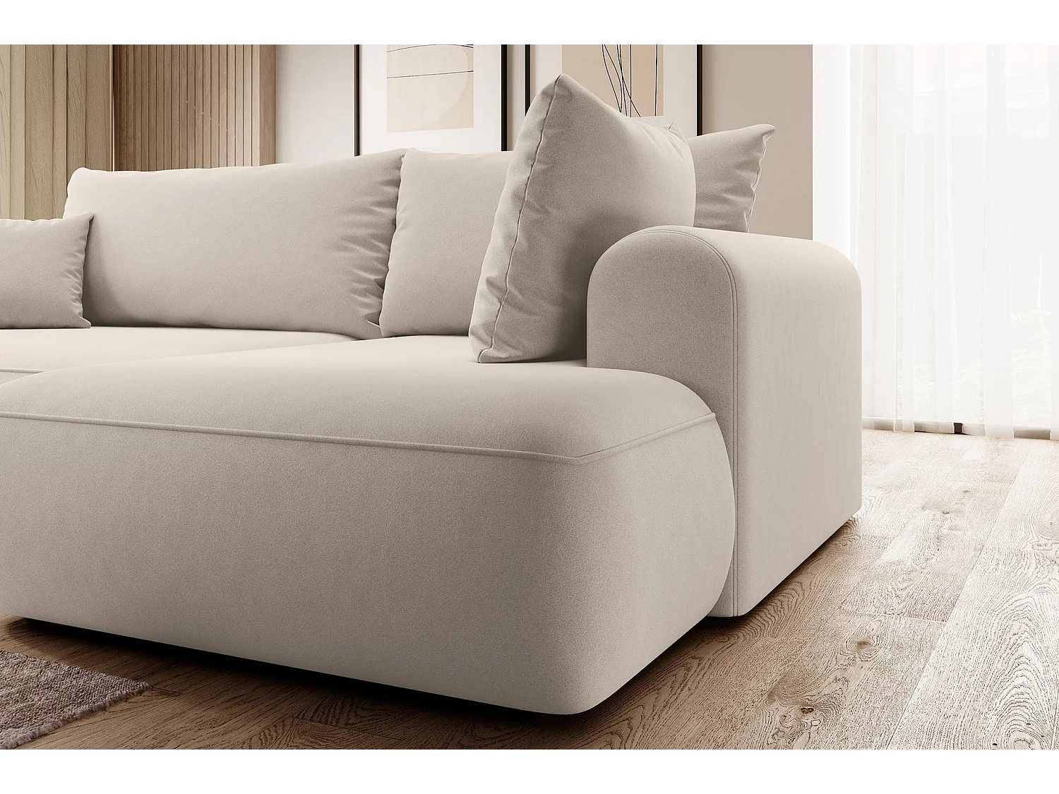 Canapé d’angle avec fonction couchage – angle droit – Beige clair – Velours – OVO