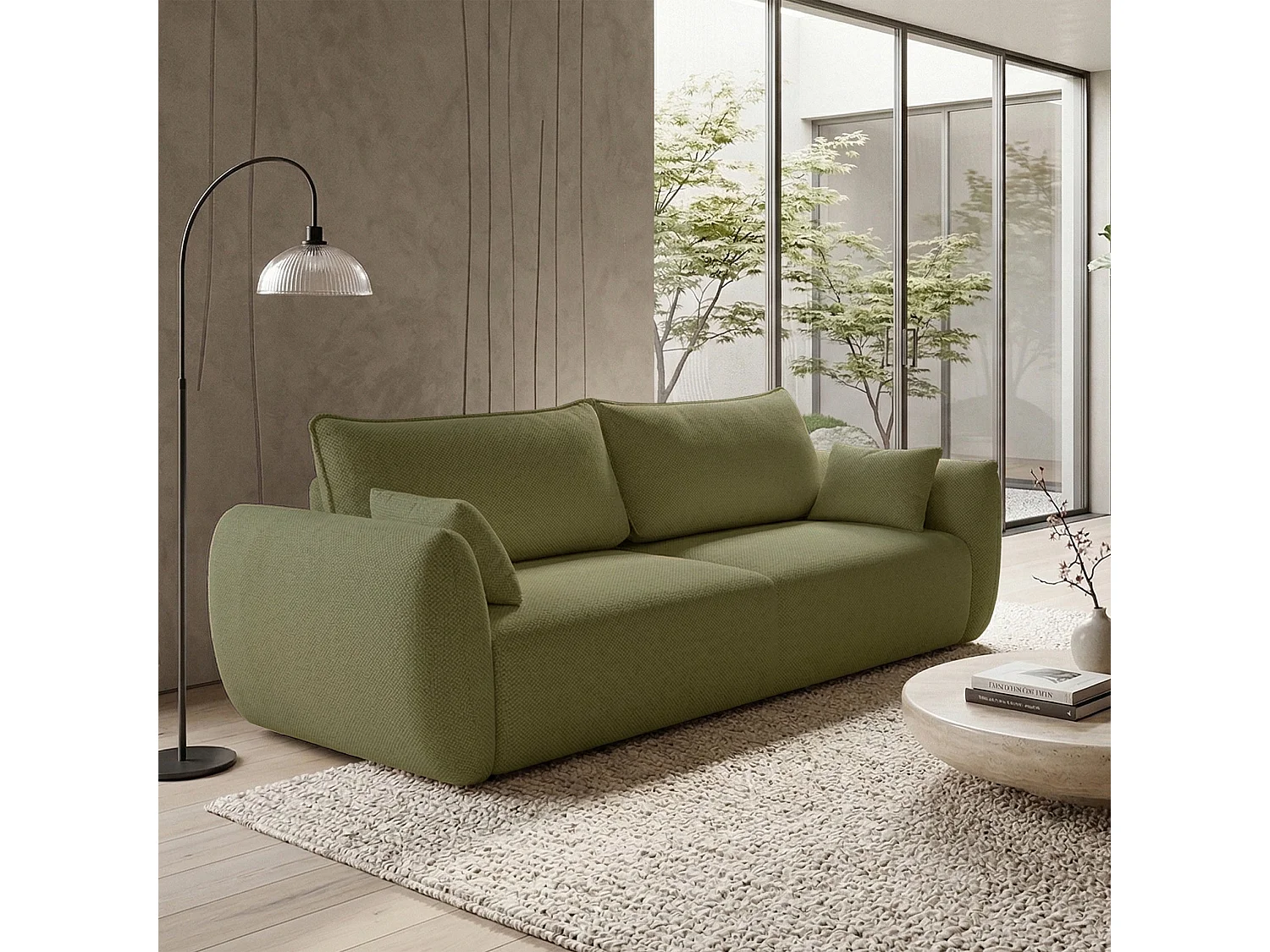 Canapé 3 places convertible avec coffre – tissu chenille – olive – ZORDO