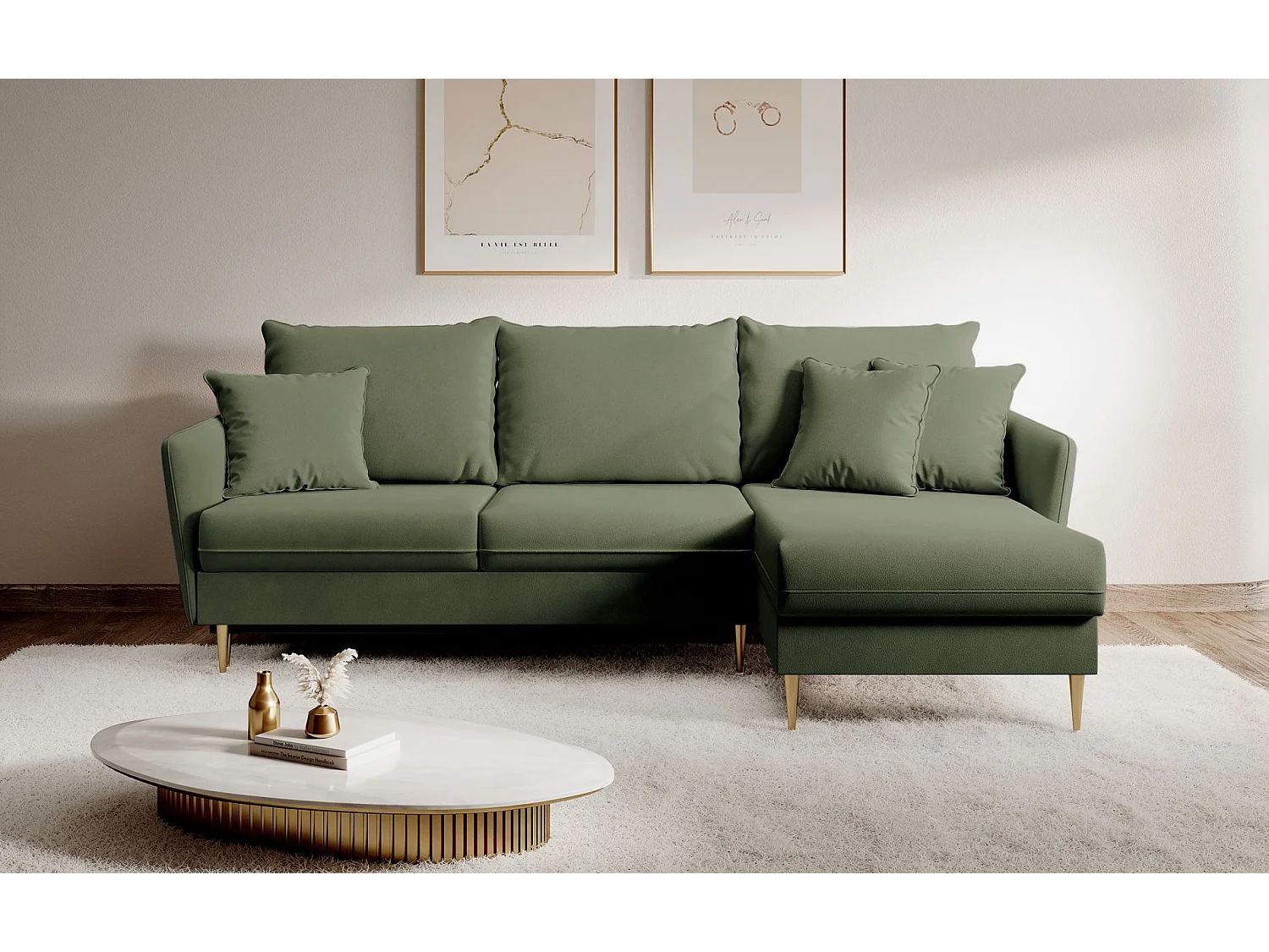 Canapé d'angle convertible – Velours déperlant – Universel – Pieds dorés – Vert sauge – VOLIO