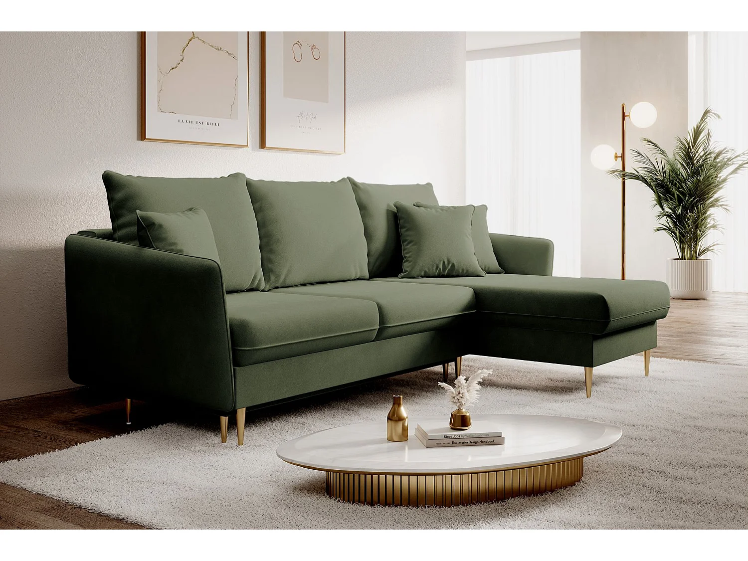 Canapé d'angle convertible – Velours déperlant – Universel – Pieds dorés – Vert sauge – VOLIO
