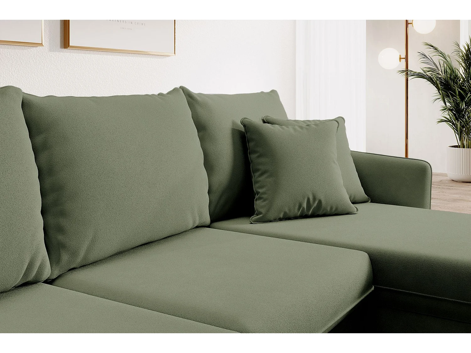 Canapé d'angle convertible – Velours déperlant – Universel – Pieds dorés – Vert sauge – VOLIO