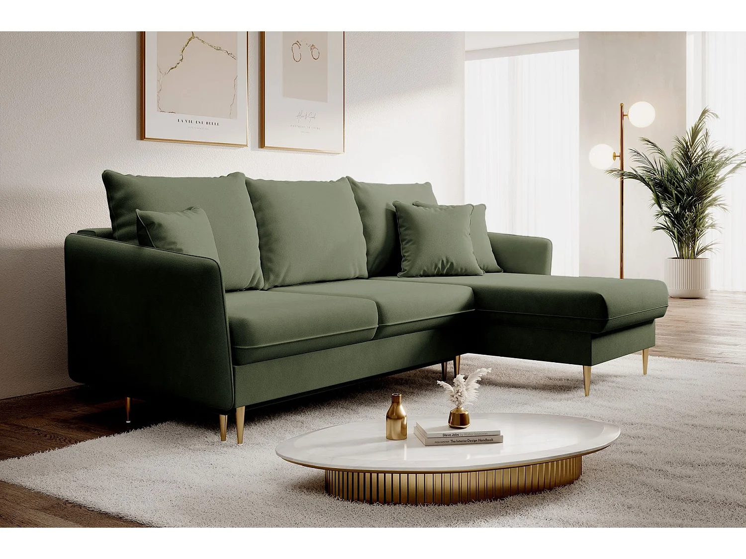 Canapé d'angle convertible – Velours déperlant – Universel – Pieds dorés – Vert sauge – VOLIO