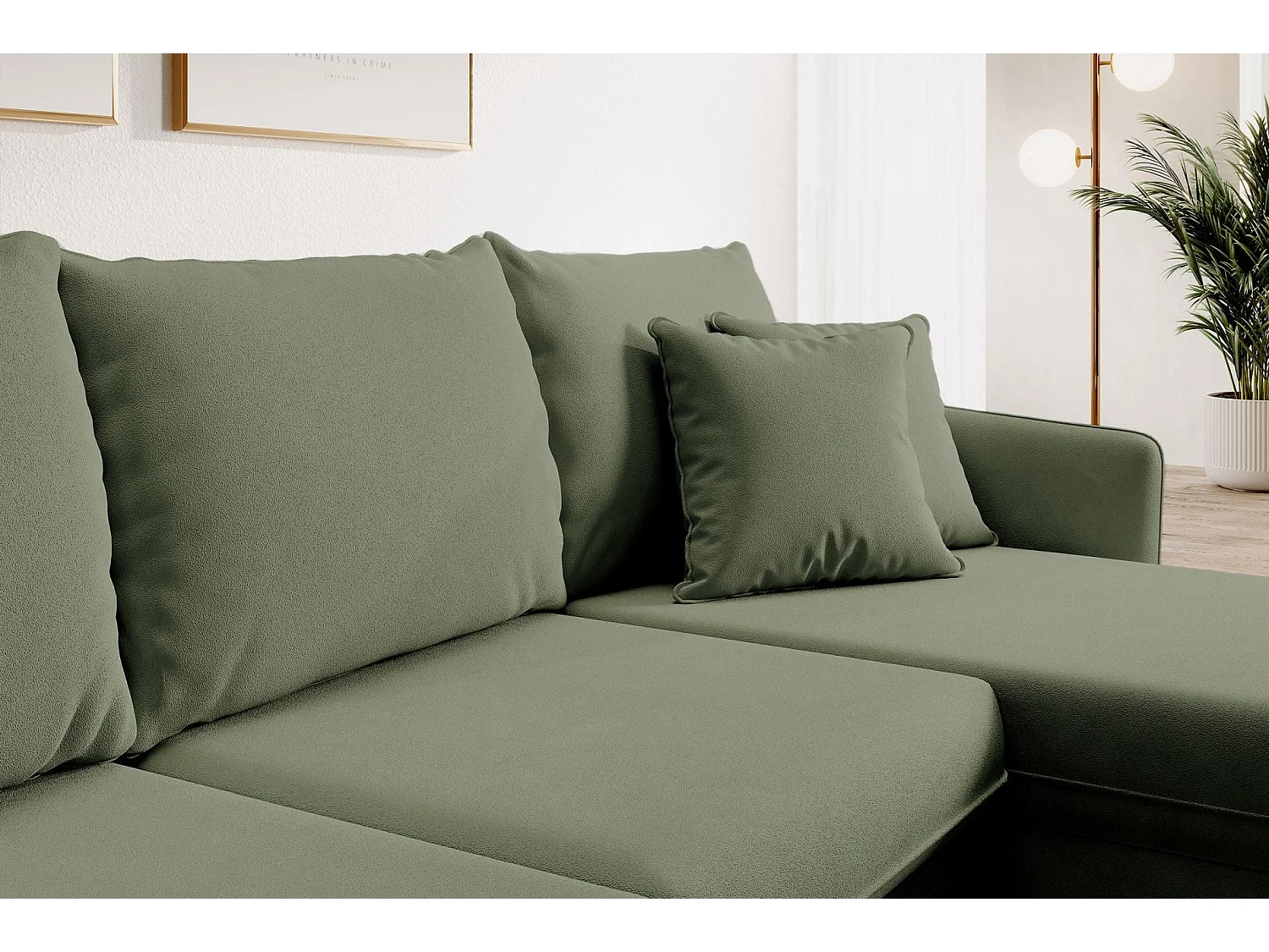 Canapé d'angle convertible – Velours déperlant – Universel – Pieds dorés – Vert sauge – VOLIO