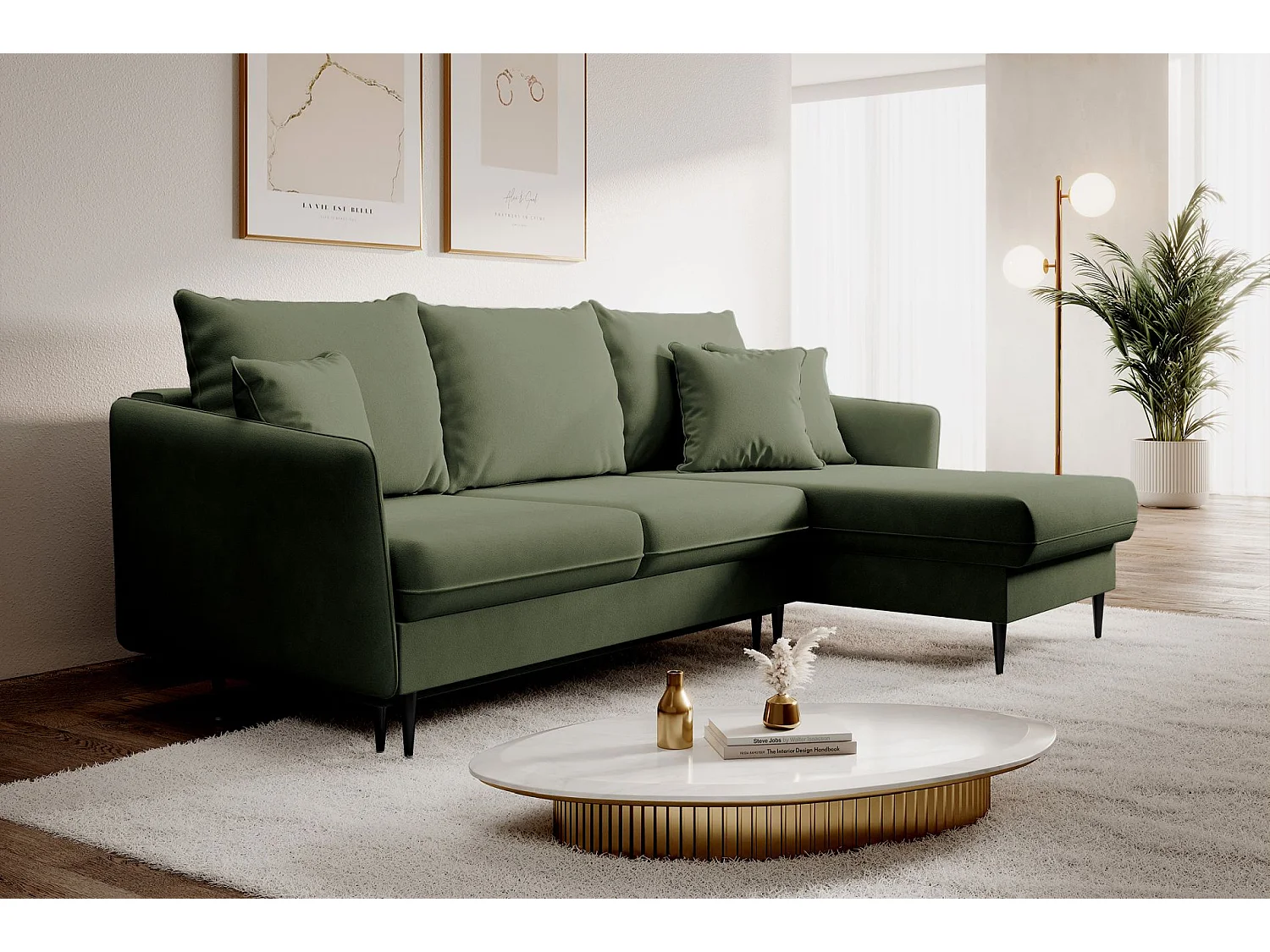 Canapé d'angle convertible – Velours déperlant – Universel – Pieds noirs – Vert sauge – VOLIO