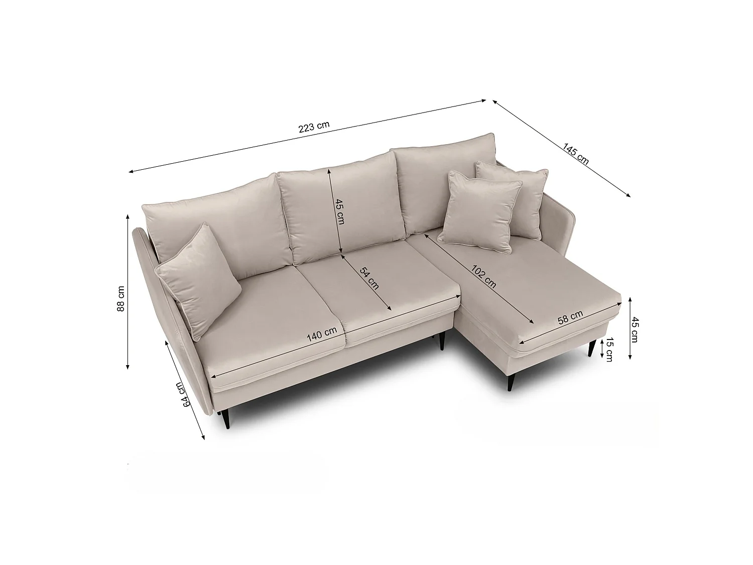 Canapé d'angle convertible – Velours déperlant – Universel – Pieds noirs – Vert sauge – VOLIO