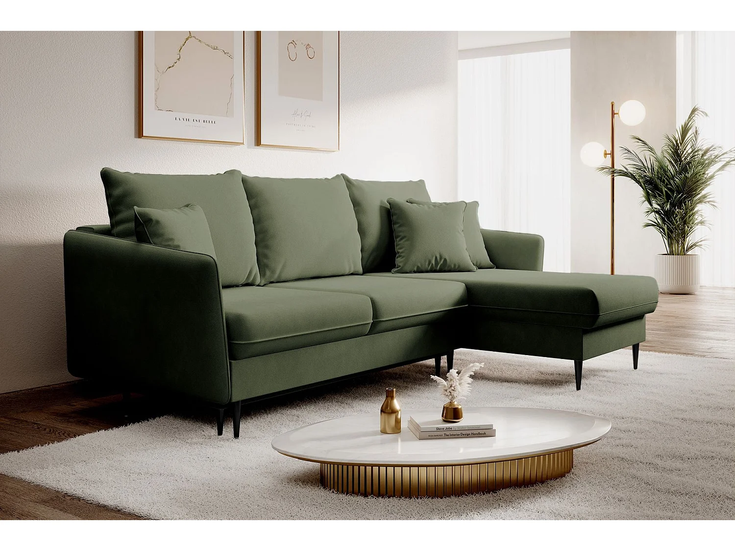 Canapé d'angle convertible – Velours déperlant – Universel – Pieds noirs – Vert sauge – VOLIO
