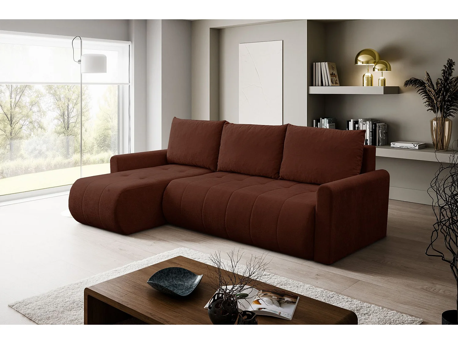 Ecksofa mit Schlaffunktion & Bettkasten – Chenille – Universal – Kupfer – TIMMONE