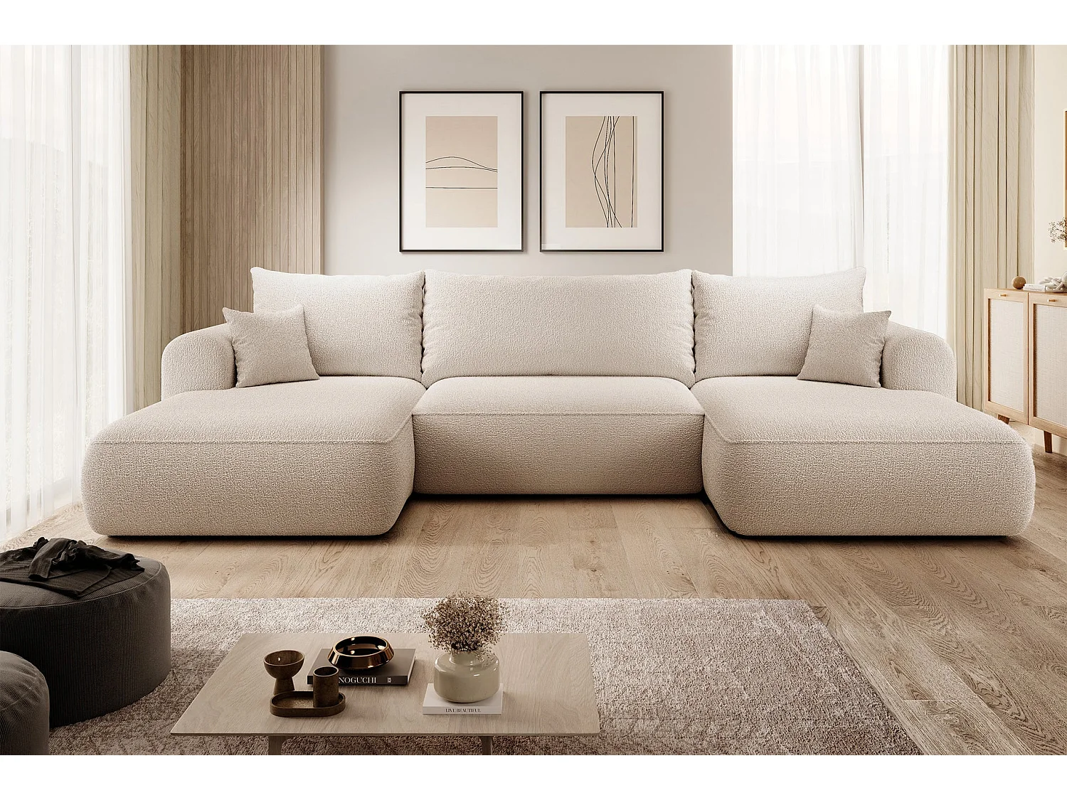 Canapé d’angle en U avec fonction couchage – universel – Beige – Bouclée – OVO