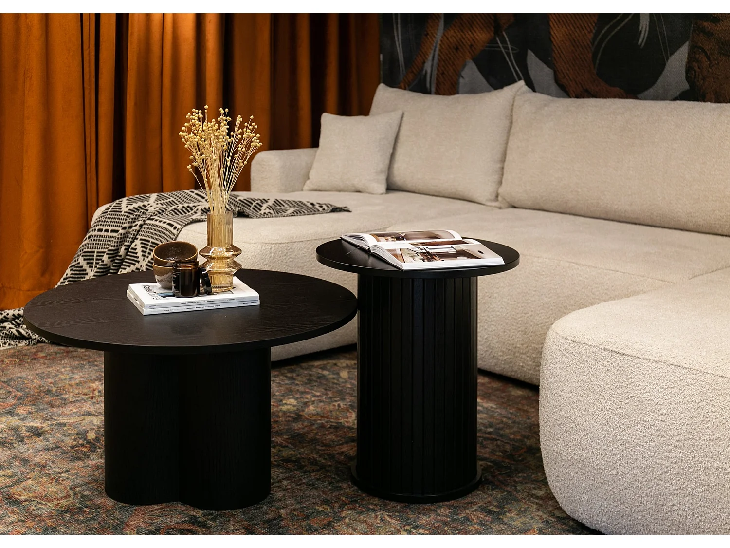 Canapé d’angle en U avec fonction couchage – universel – Beige – Bouclée – OVO