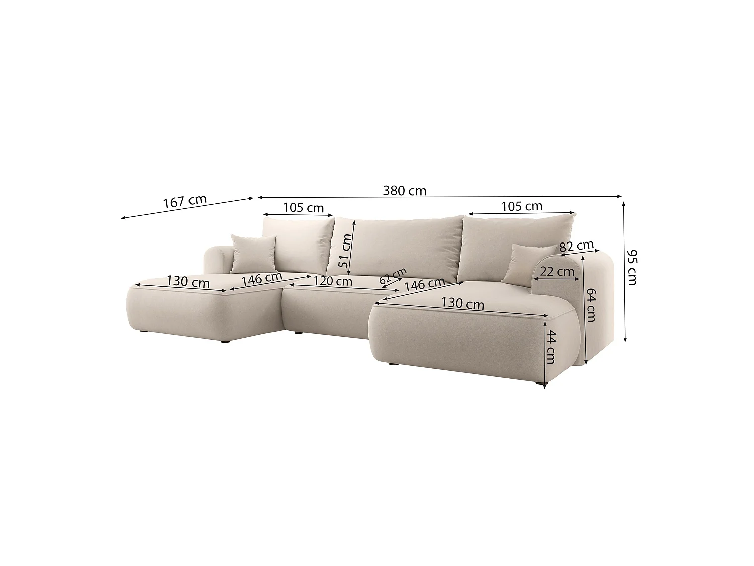 Canapé d’angle en U avec fonction couchage – universel – Beige – Bouclée – OVO