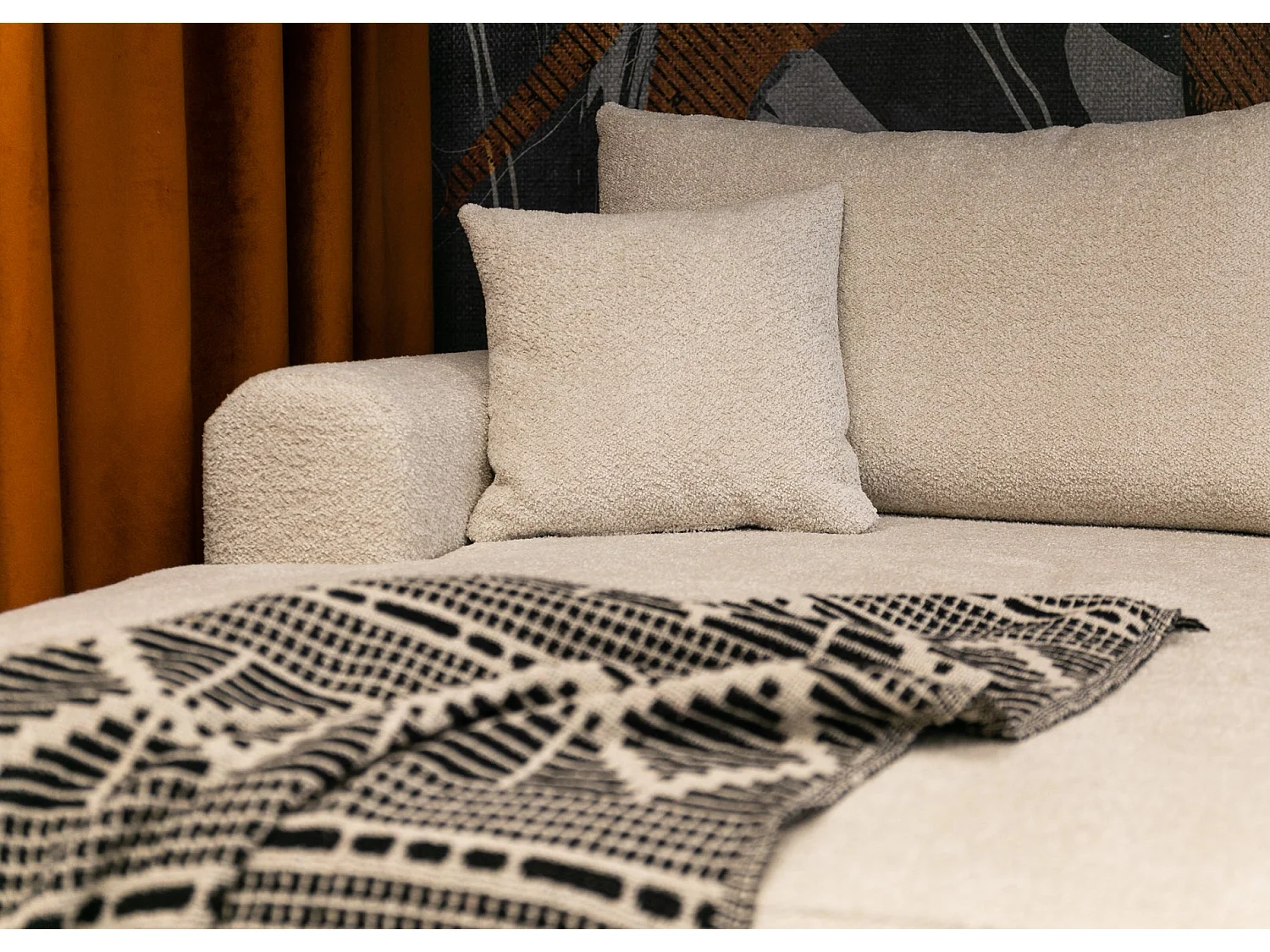 Canapé d’angle en U avec fonction couchage – universel – Beige – Bouclée – OVO