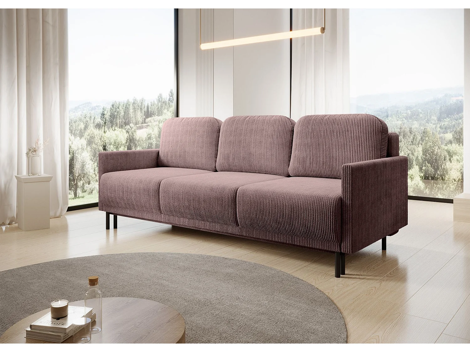 Canapé 3 places convertible avec coffre – Velours côtelé – Violet – HAMIEL