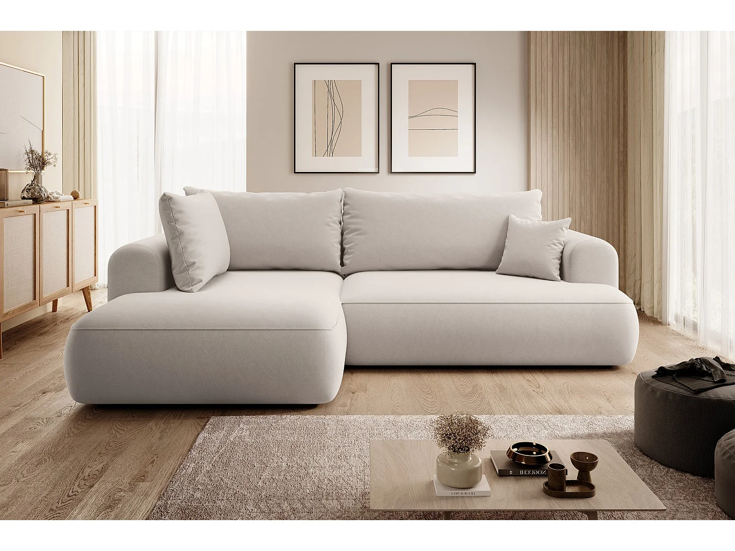 Canapé d’angle avec fonction couchage – angle gauche – Crème – Velours – OVO