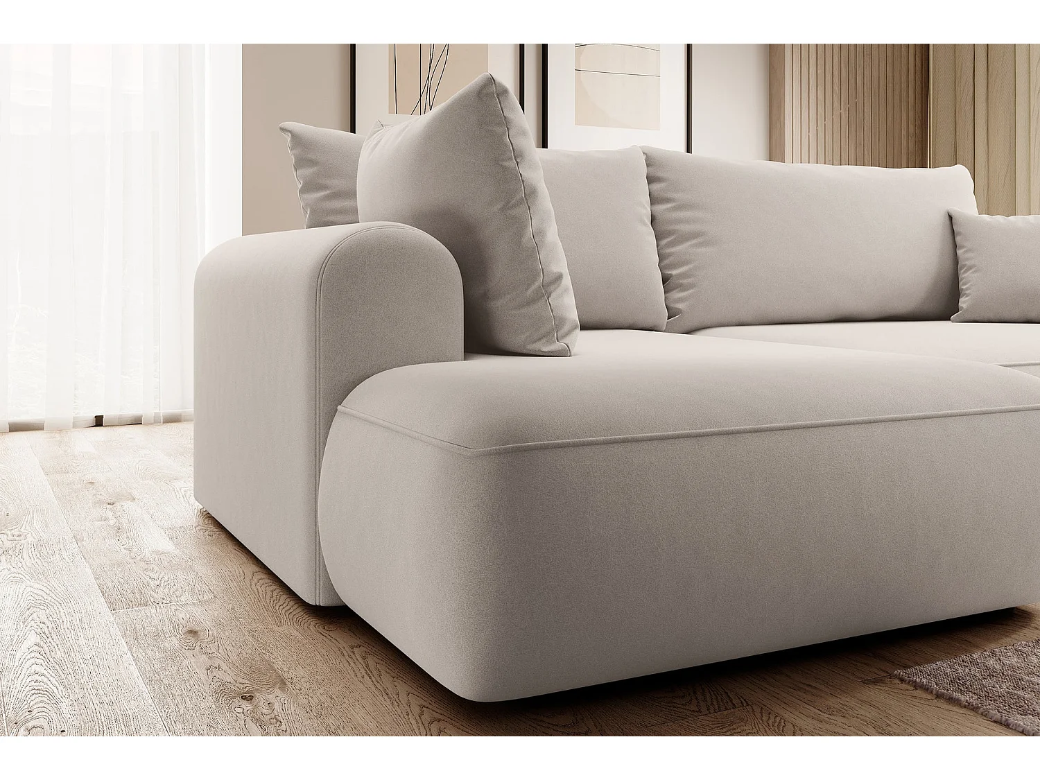 Canapé d’angle avec fonction couchage – angle gauche – Crème – Velours – OVO