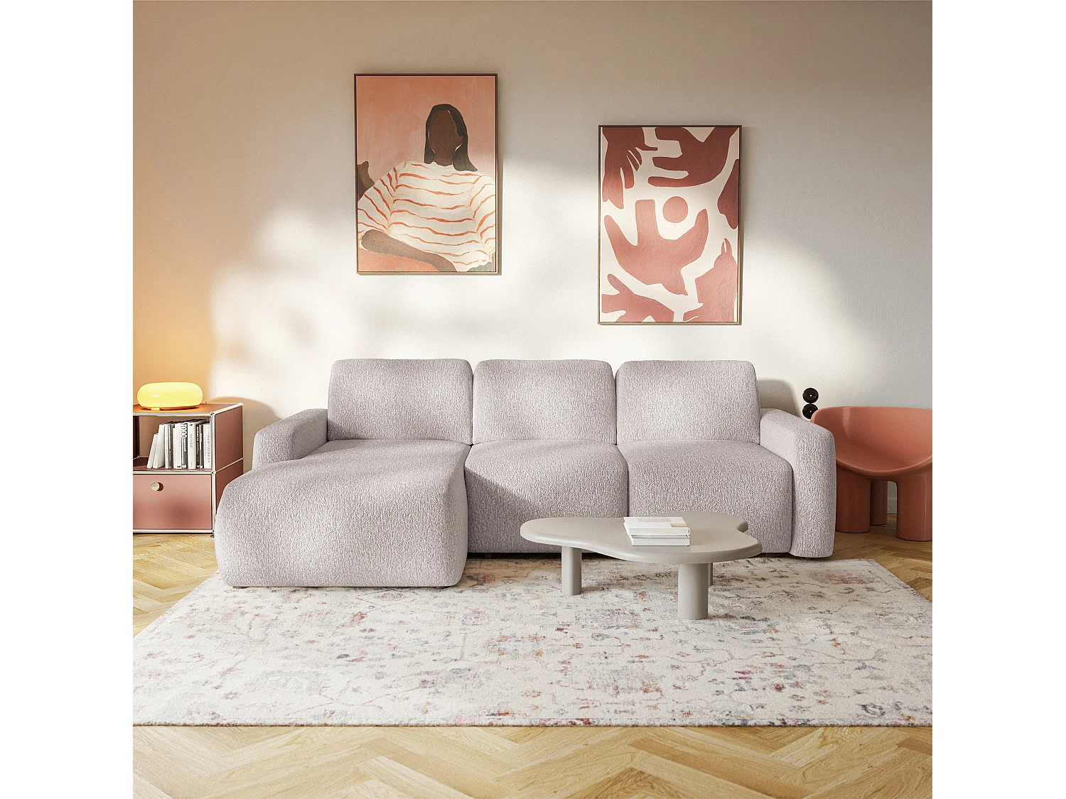 Slaapbank hoekbank – Hoek links – Chenille Beige – CARNOS MINI