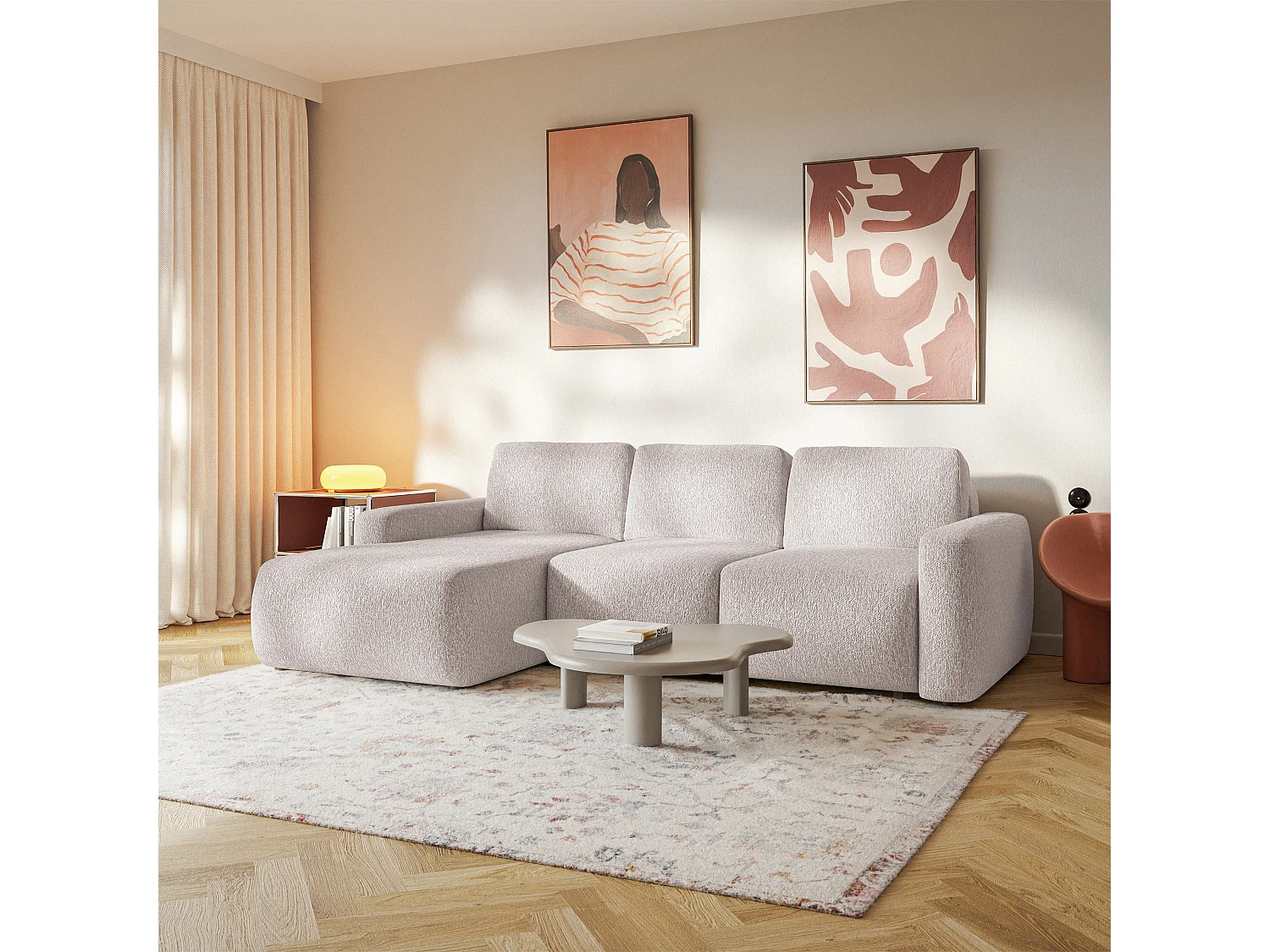 Slaapbank hoekbank – Hoek links – Chenille Beige – CARNOS MINI