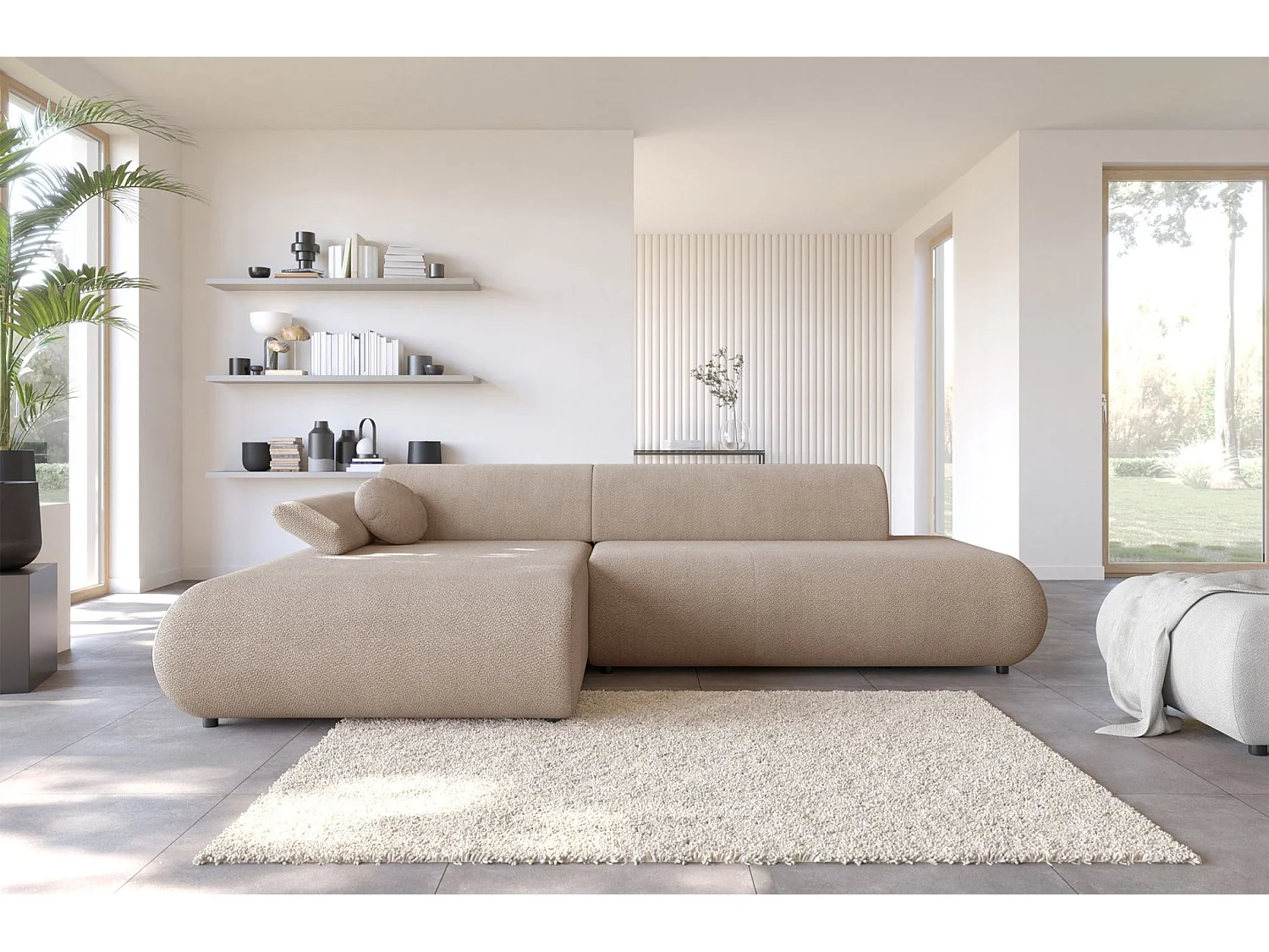 Canapé d'angle convertible – Chenille – angle à gauche – Beige – ARMONE