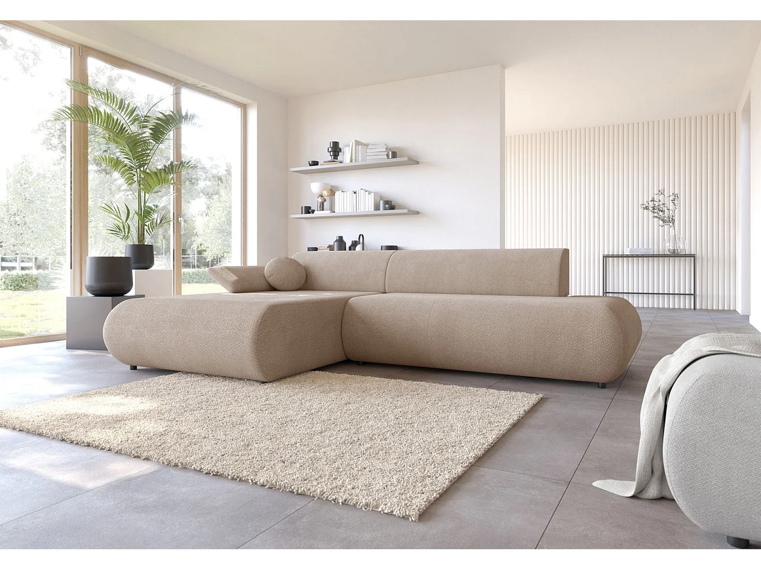 Canapé d'angle gauche convertible 4 places en tissu chenille beige ARMONE