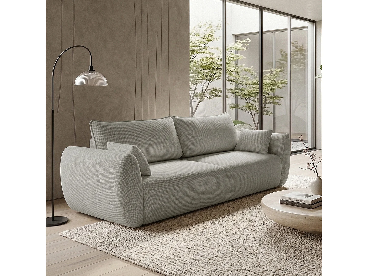 Canapé 3 places convertible avec coffre – tissu chenille – beige gris – ZORDO