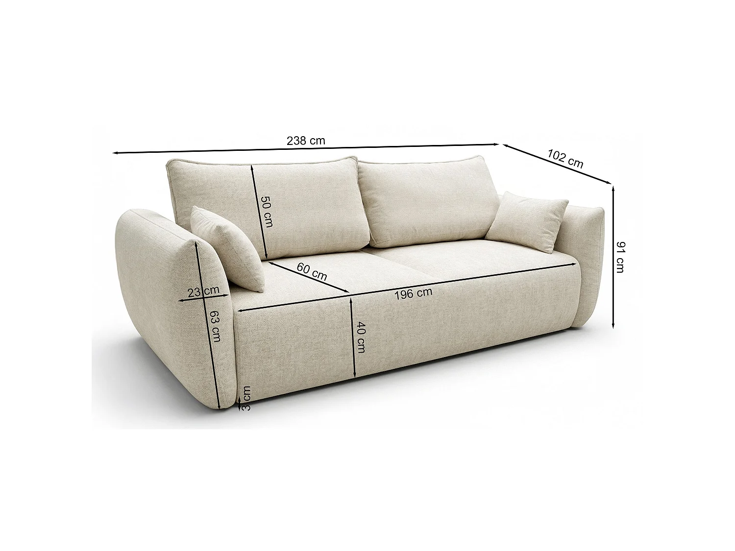 Canapé 3 places convertible avec coffre – tissu chenille – beige gris – ZORDO