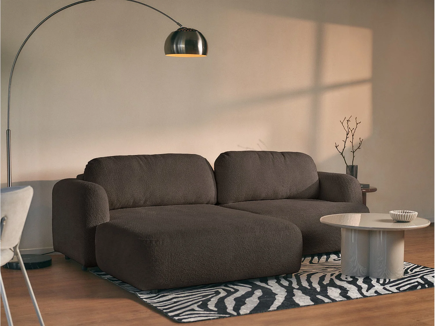 Ecksofa mit Schlaffunktion – Ottomane links – Bouclé Braun – TVOYA