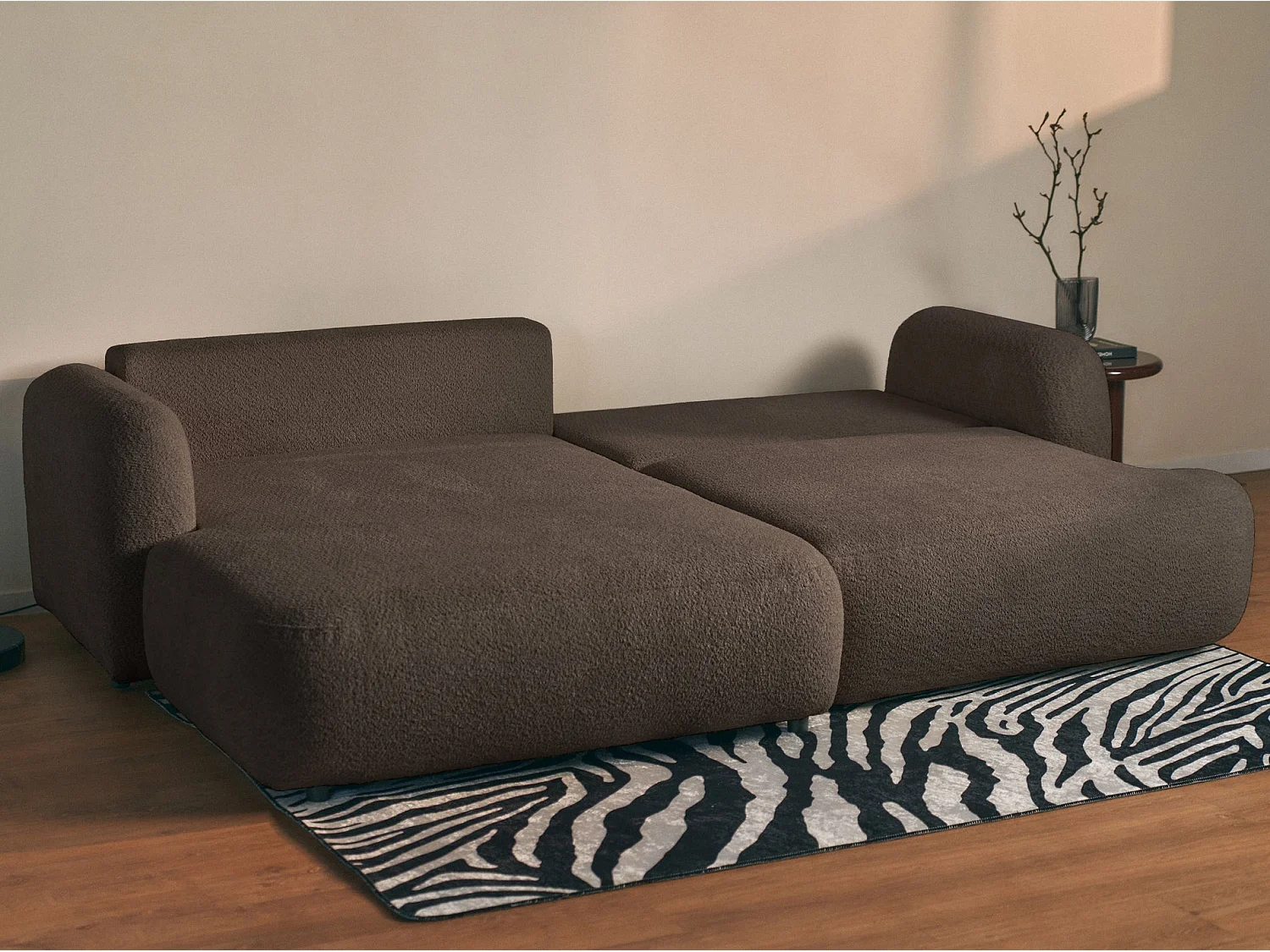 Ecksofa mit Schlaffunktion – Ottomane links – Bouclé Braun – TVOYA