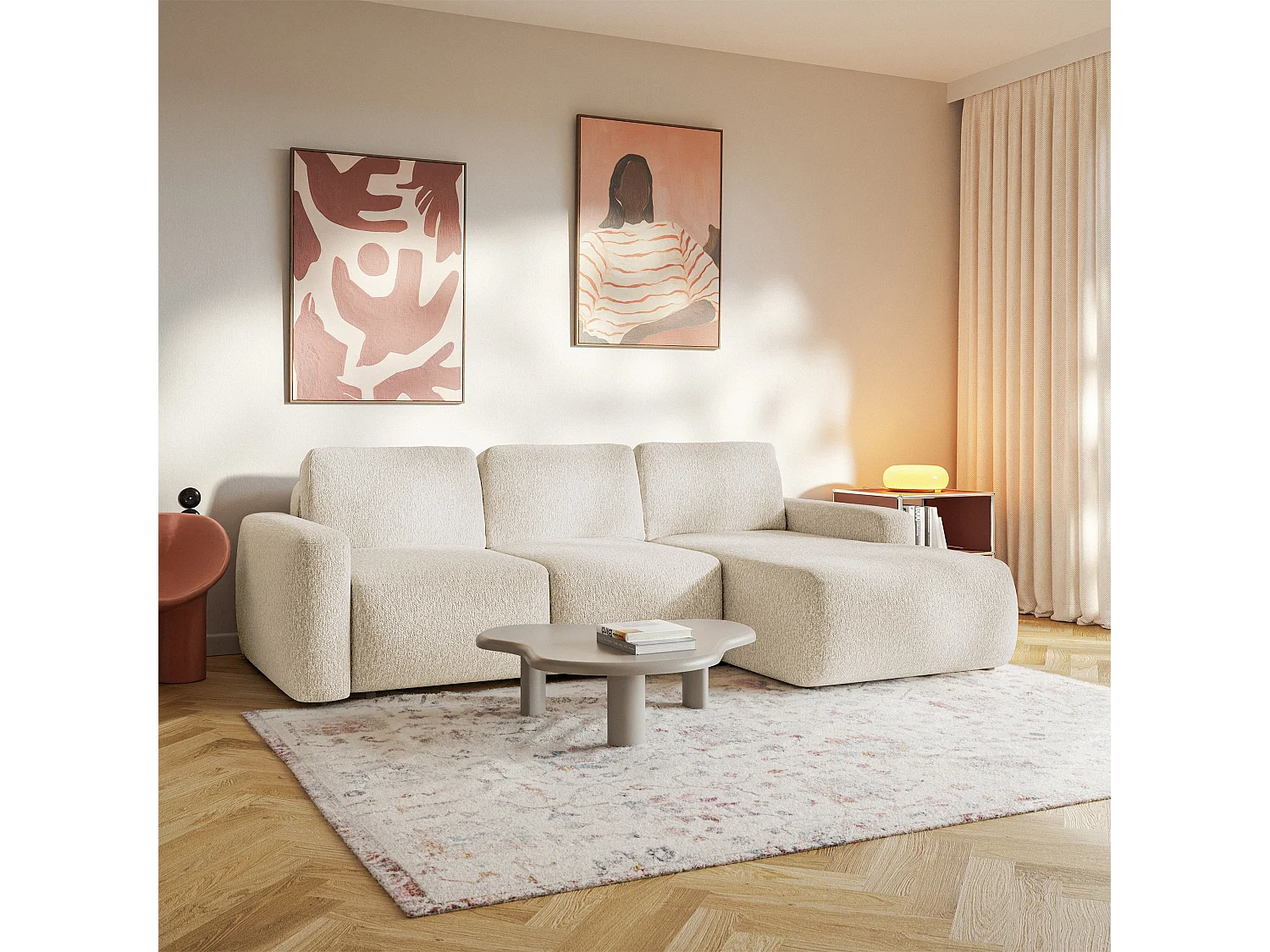 Canapé d'angle convertible – Angle à droite – Chenille Beige clair – CARNOS MINI