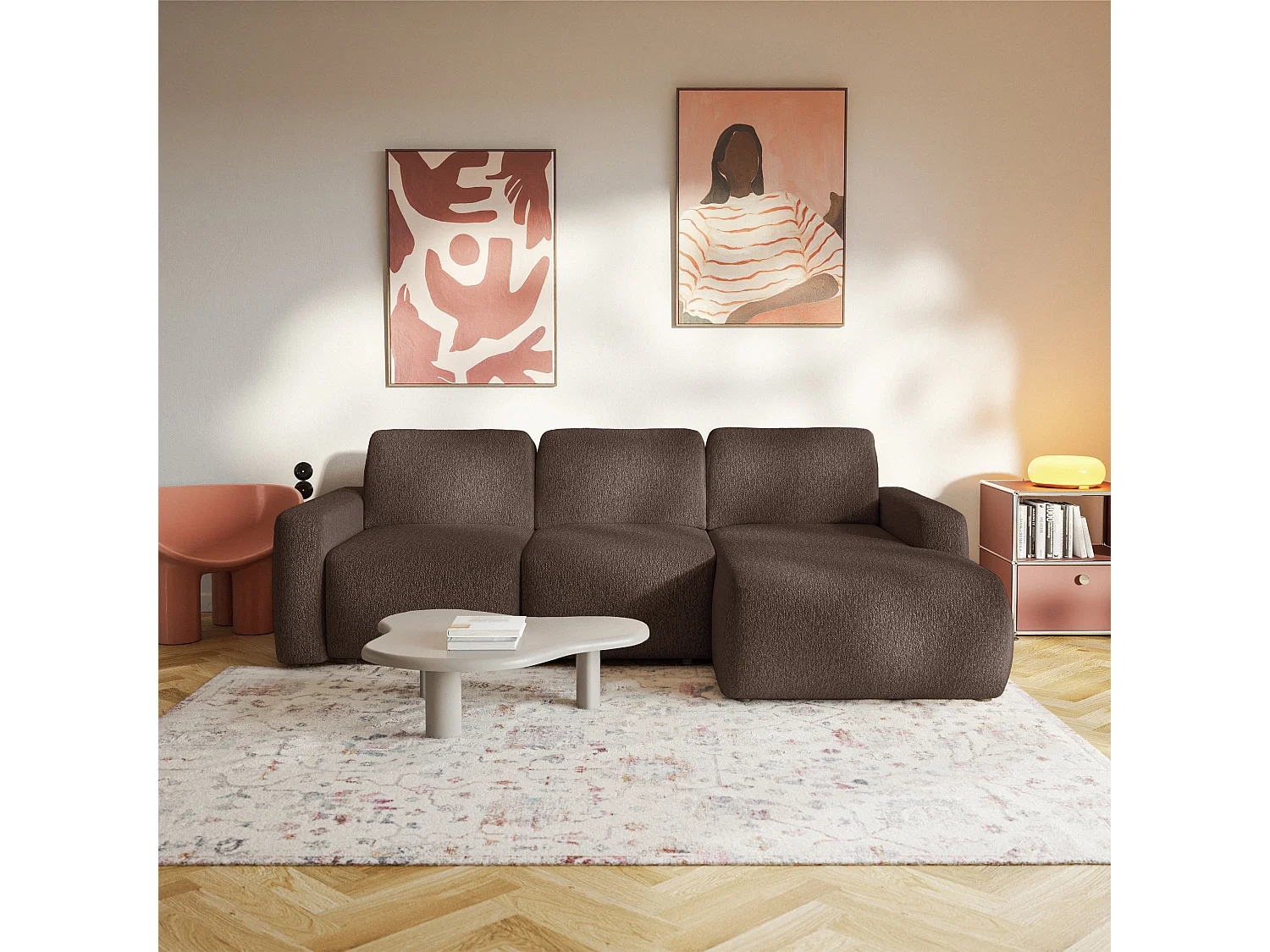 Slaapbank hoekbank – Hoek rechts – Chenille Bruin – CARNOS MINI