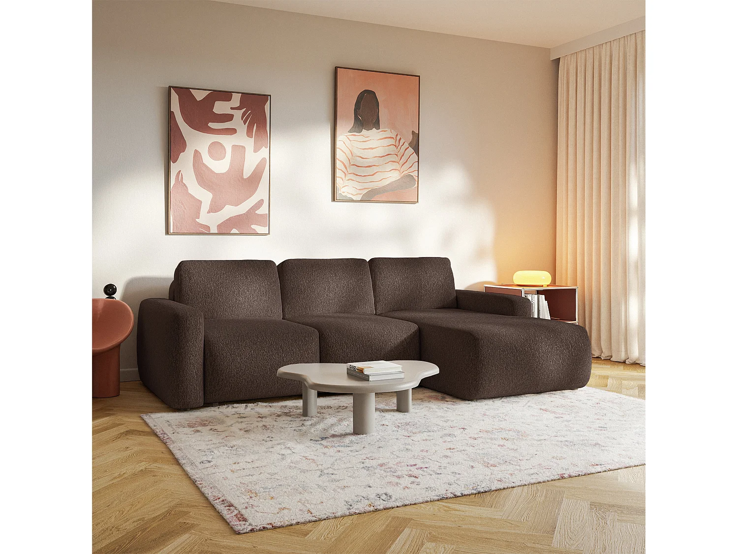 Slaapbank hoekbank – Hoek rechts – Chenille Bruin – CARNOS MINI