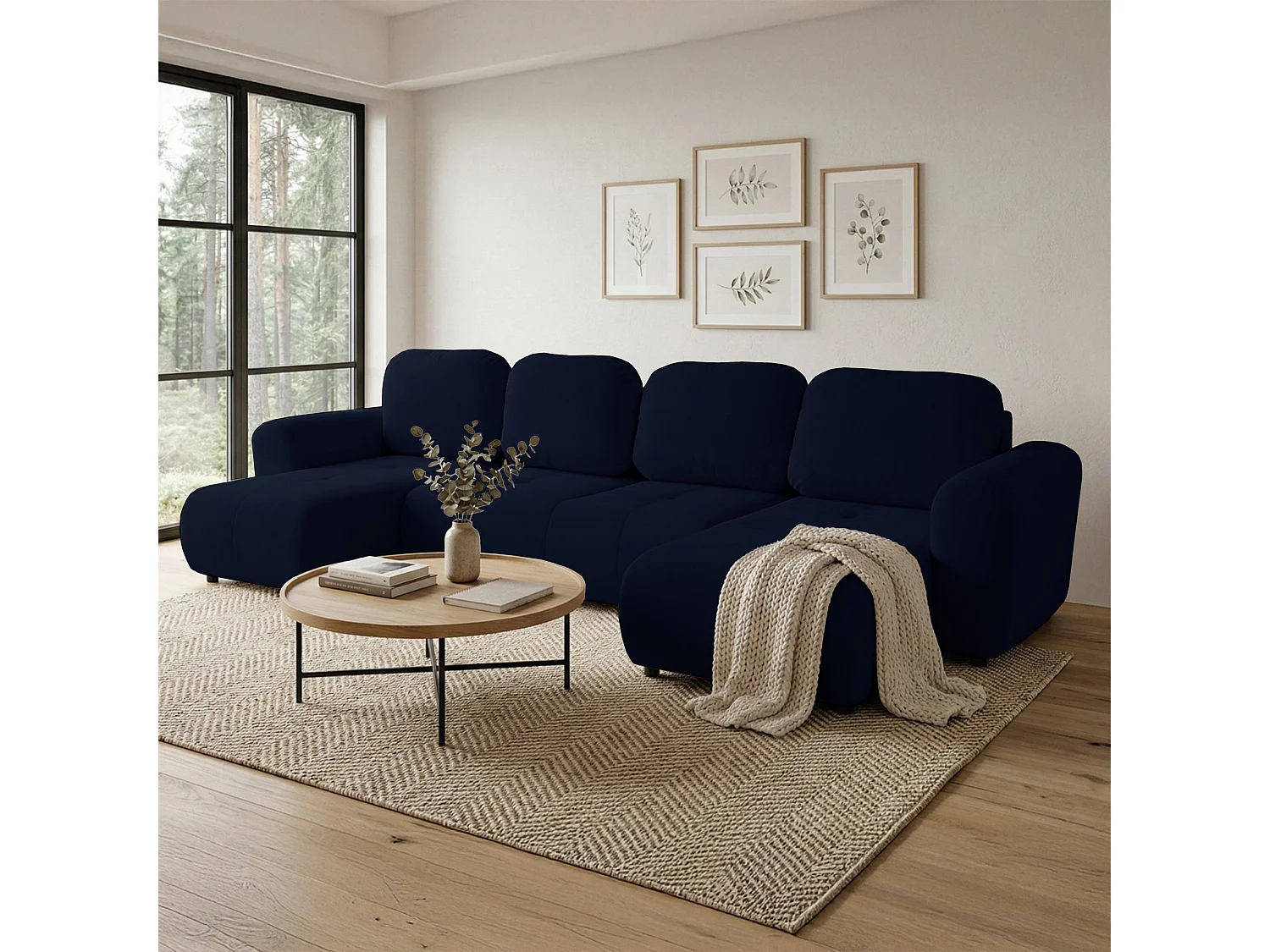 Canapé d'angle convertible – en forme de U – velours bleu marine- OLIDO